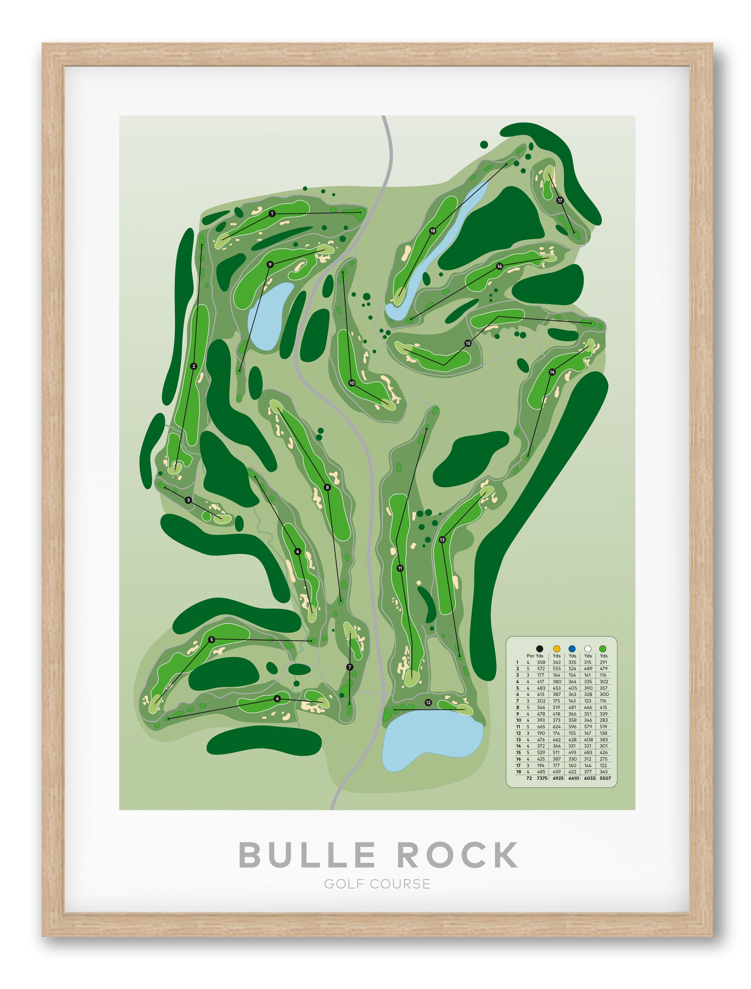 A framed golf course map print for Bulle Rock Golf Course, featuring a stylized green layout with water hazards and a small leaderboard inset, presented in a light wood frame with a white mat.