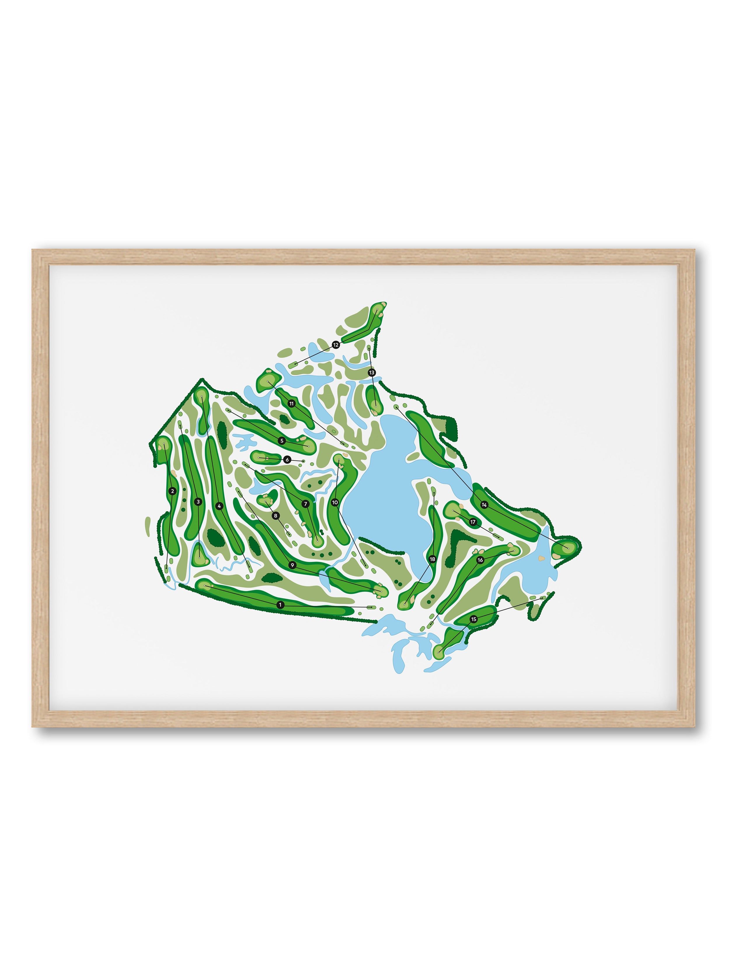 Oak framed minimalist fine art map of Canada Golf, concept artwork 
