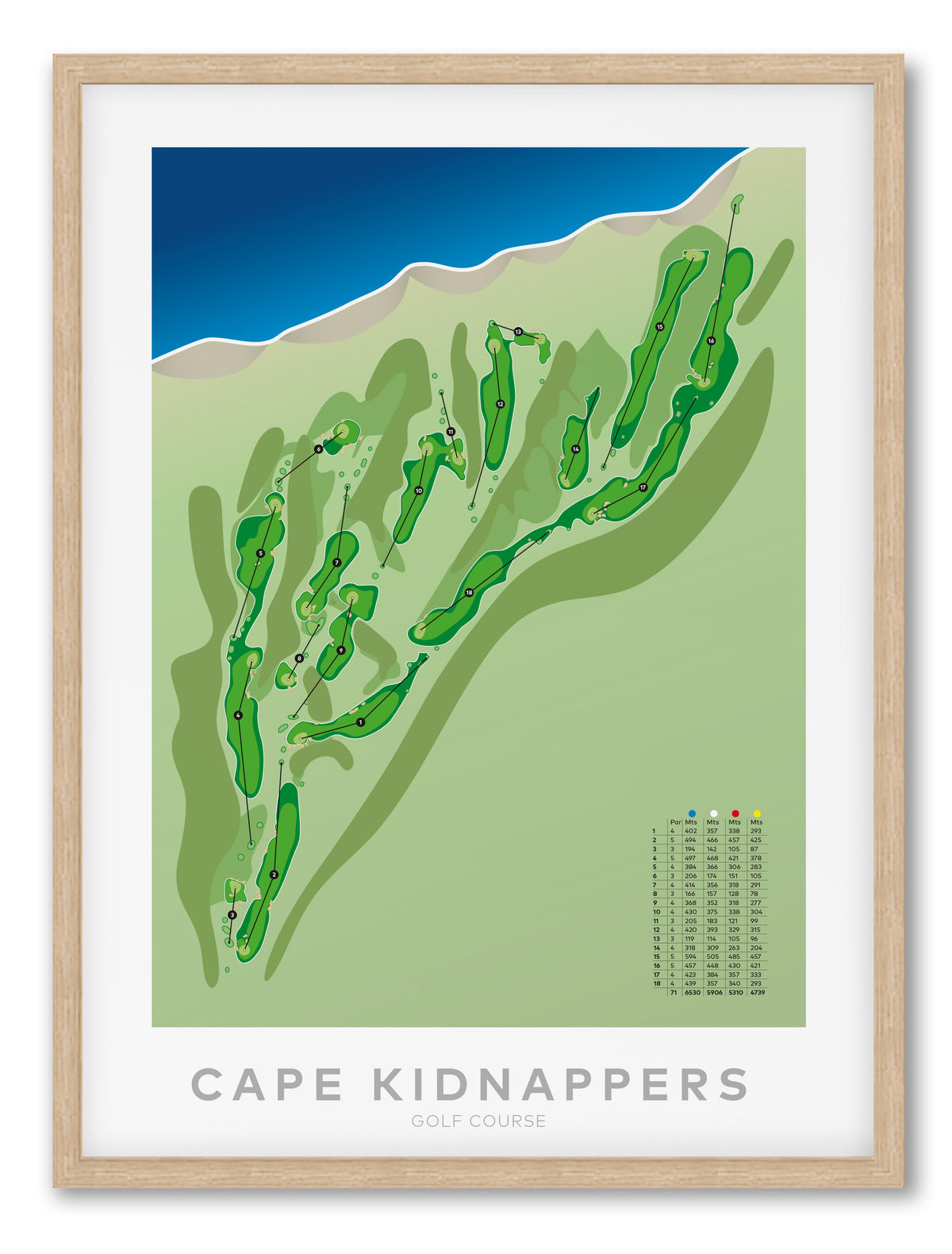 Oak framed minimalist fine art map of Cape Kidnappers Golf Course, Hawke’s Bay, New Zealand