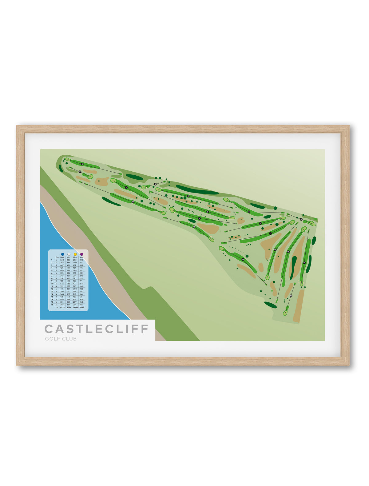 Oak framed minimalist fine art map of Castlecliff Golf Course, Whanganui, North Island, New Zealand