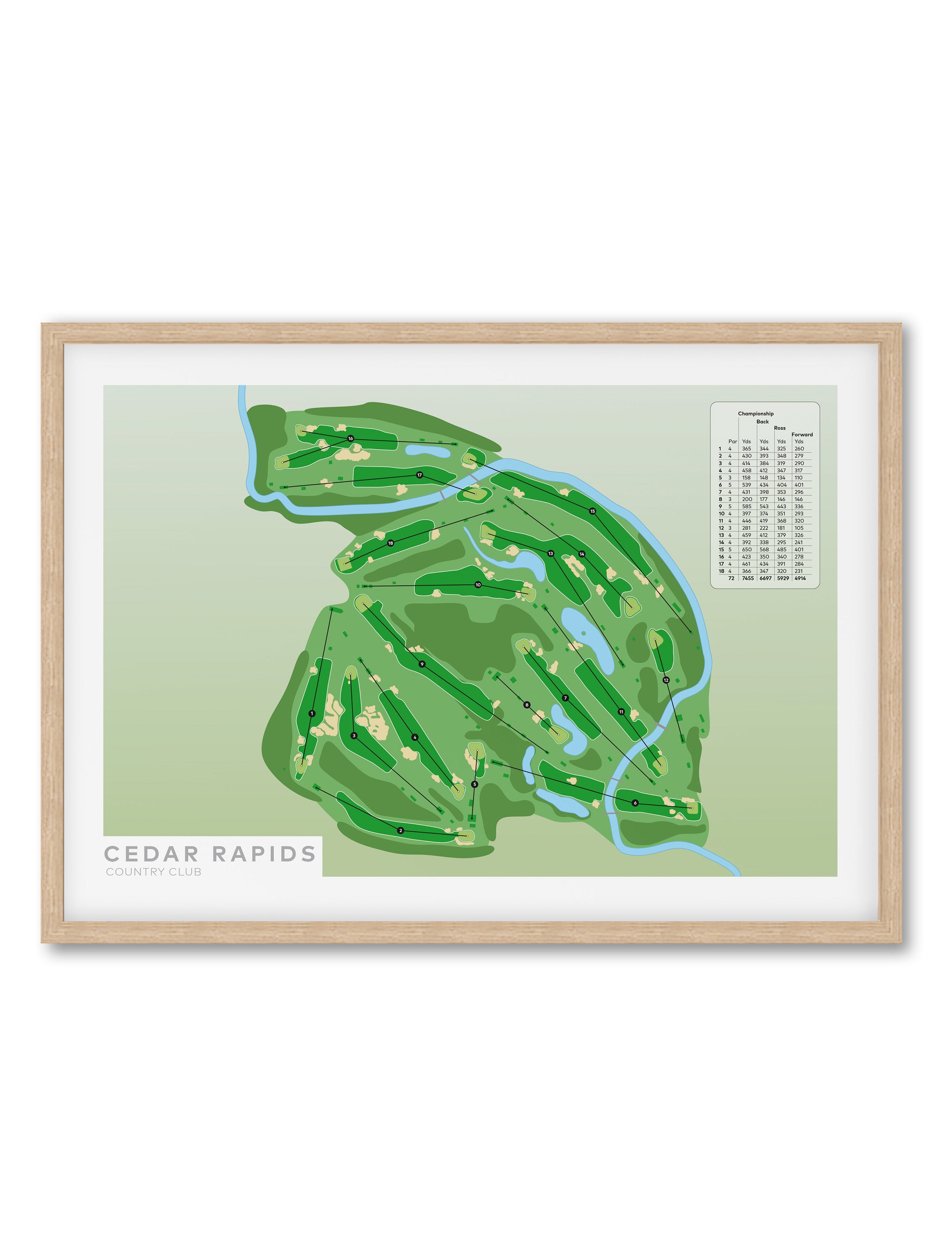Oak framed minimalist fine art map of Cedar Rapids Golf Course, Linn County, Iowa, Midwest, USA