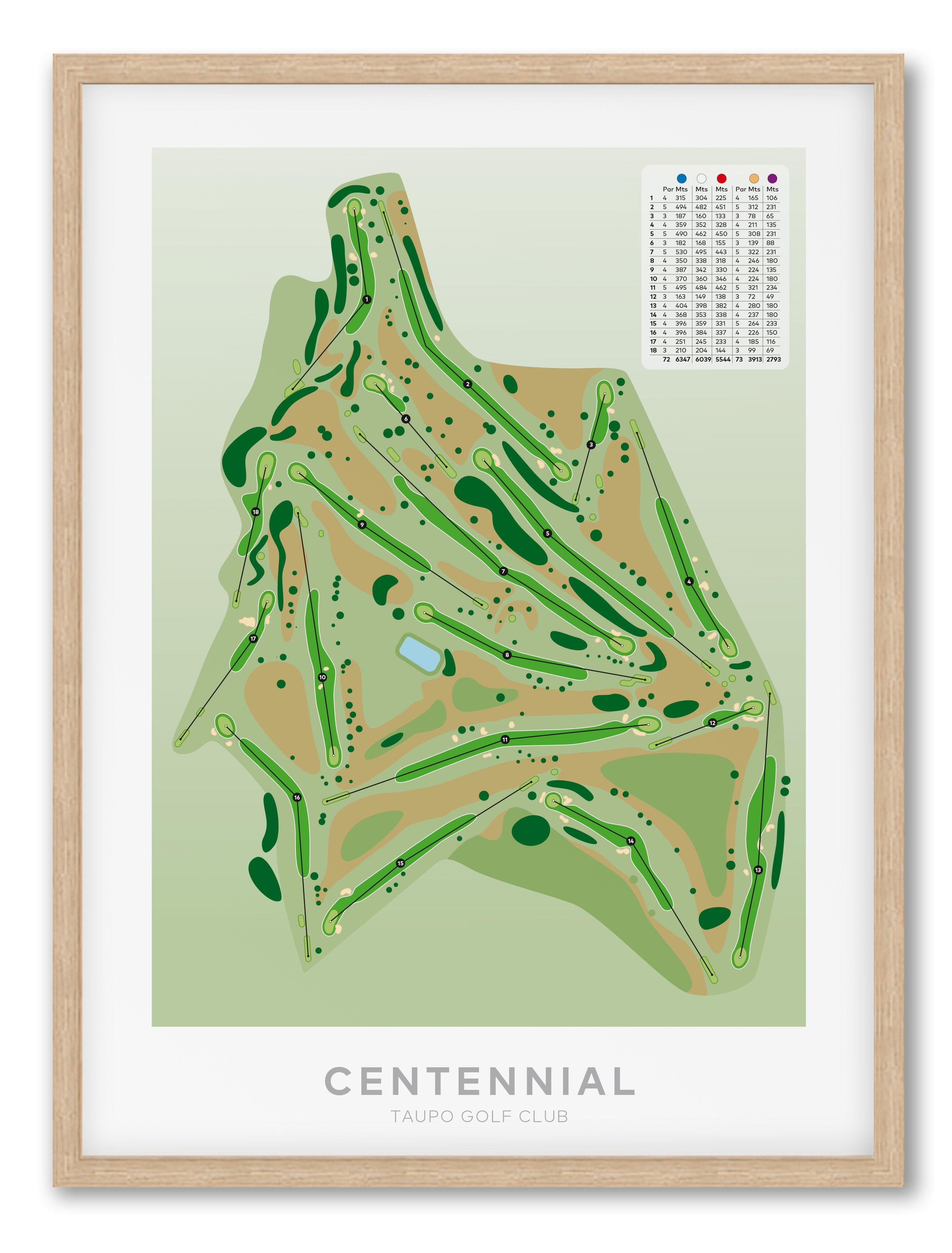 Oak framed Minimalist fine art map of Taupo - Centennial Golf Course, Waikato, New Zealand