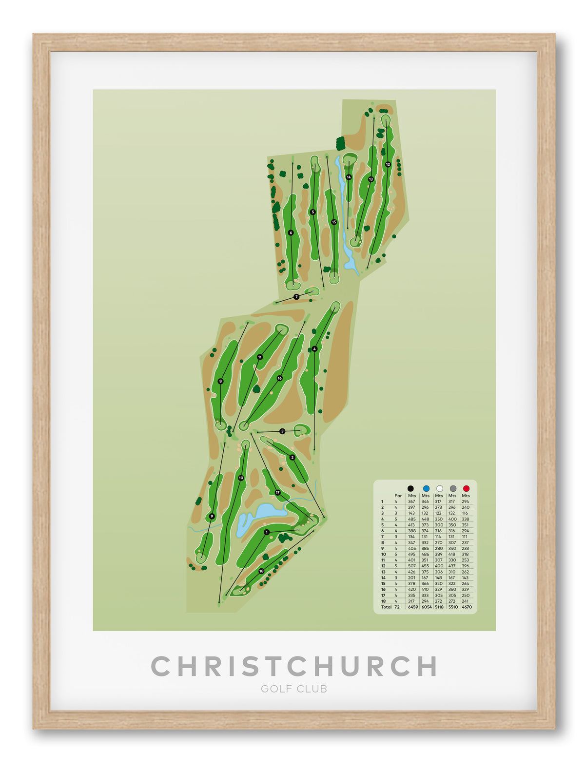 Oak framed minimalist fine art map of Christchurch Golf Course, ChCh, Canterbury, New Zealand