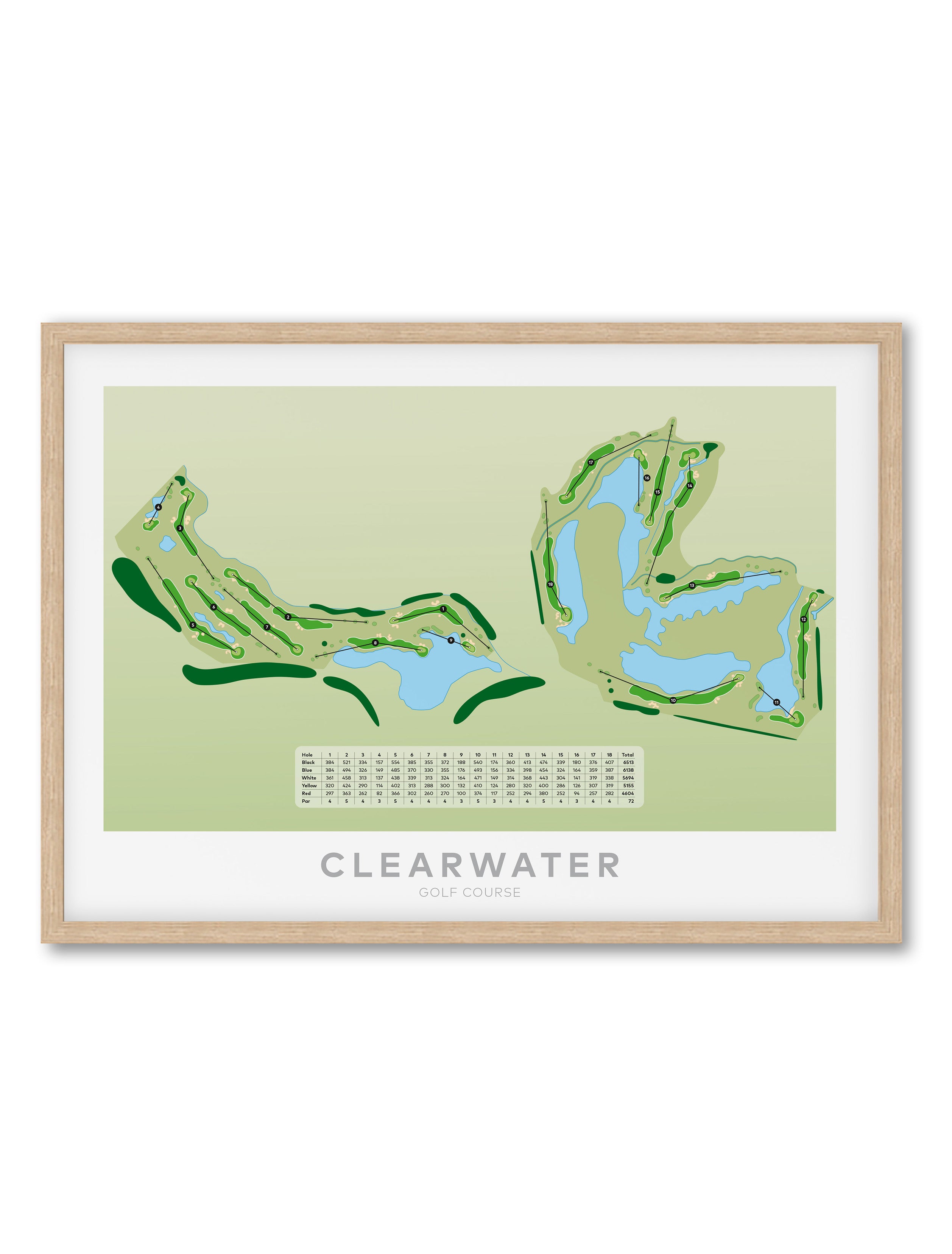 Oak framed minimalist fine art map of Clearwater Golf Course, Christchurch, Canterbury, New Zealand