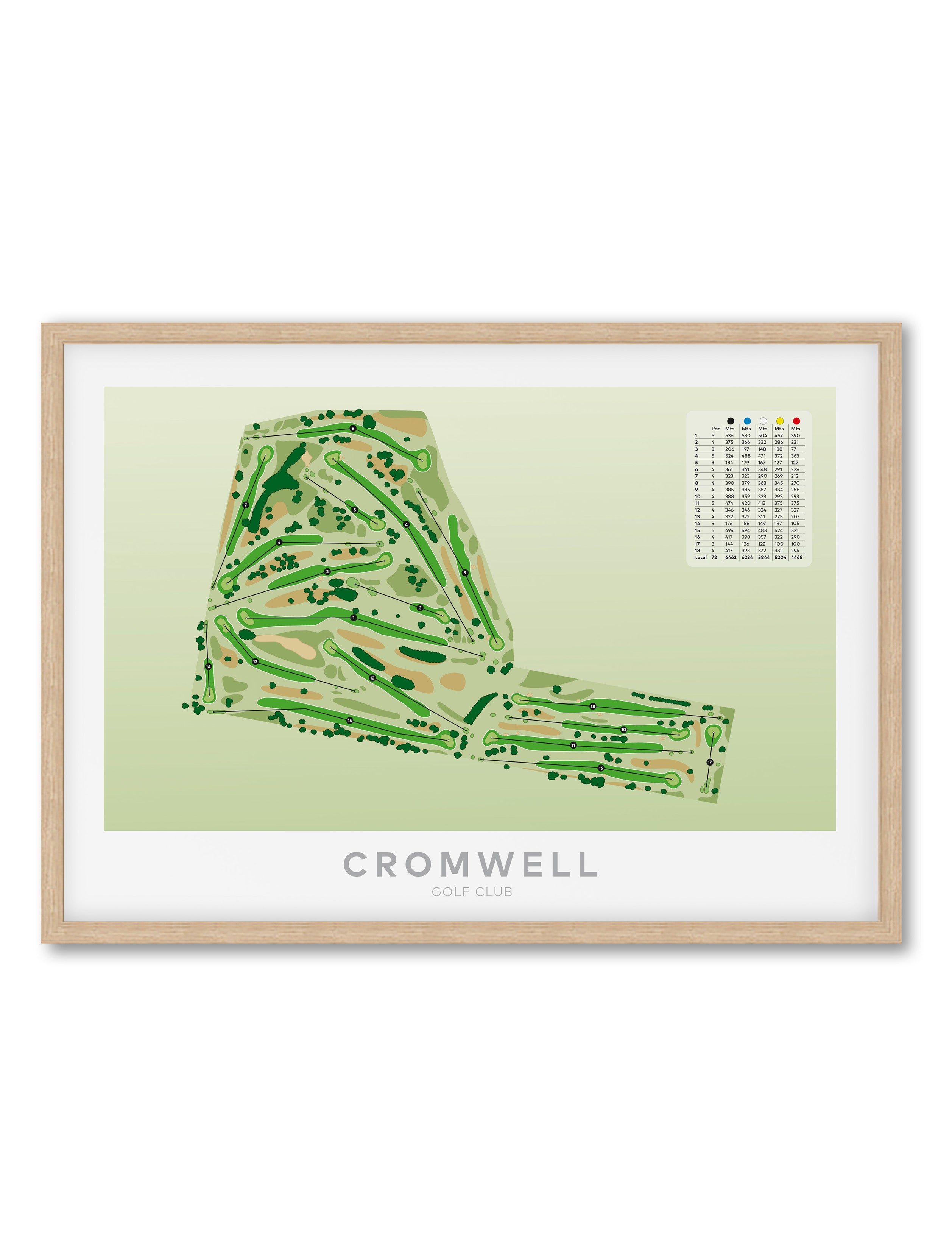Oak framed minimalist fine art map of Cromwell Golf Course, Central Otago District, Otago, South Island, New Zealand