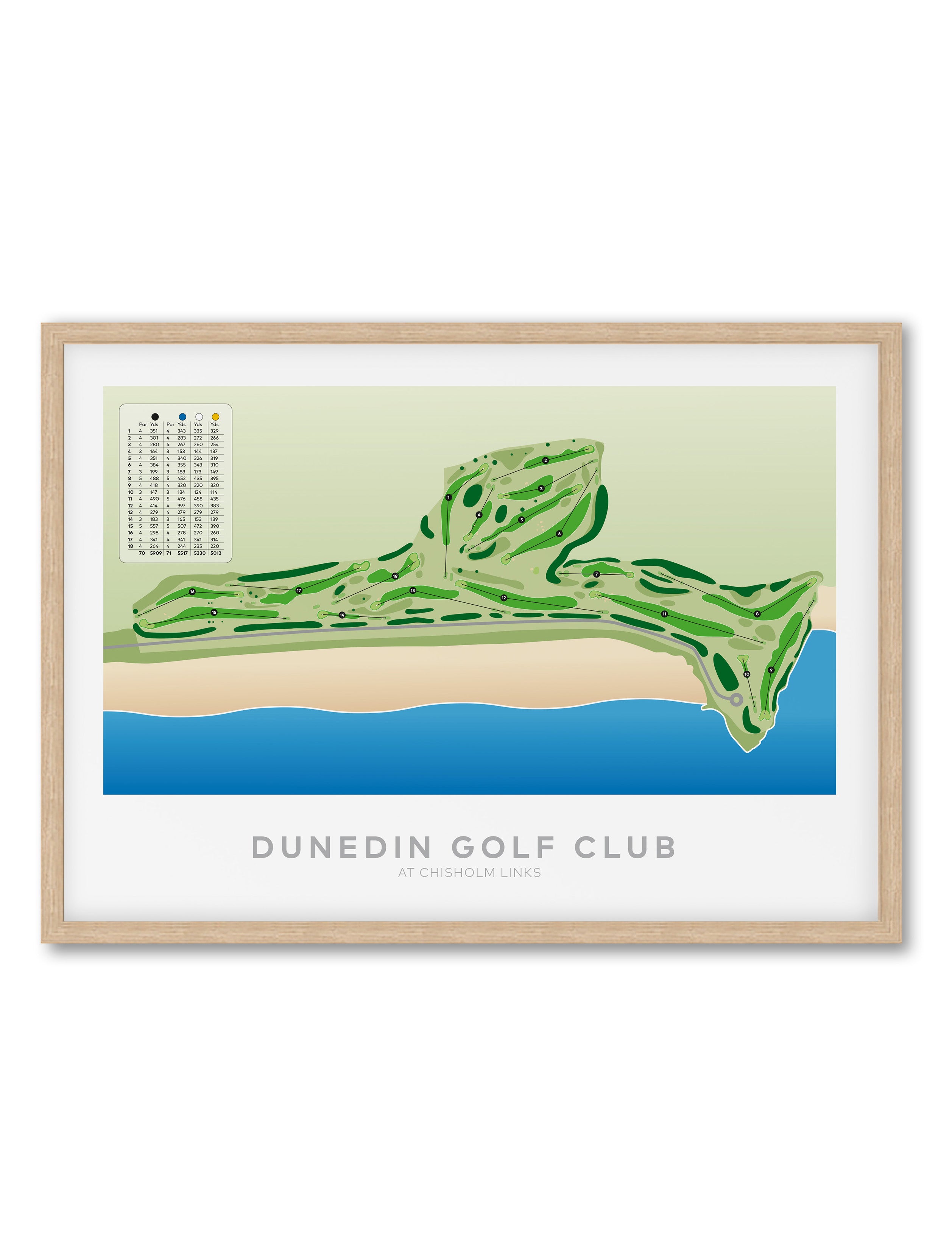 Oak framed Minimalist fine art map of Dunedin - Chisholm Links Golf Course, Otago, New Zealand