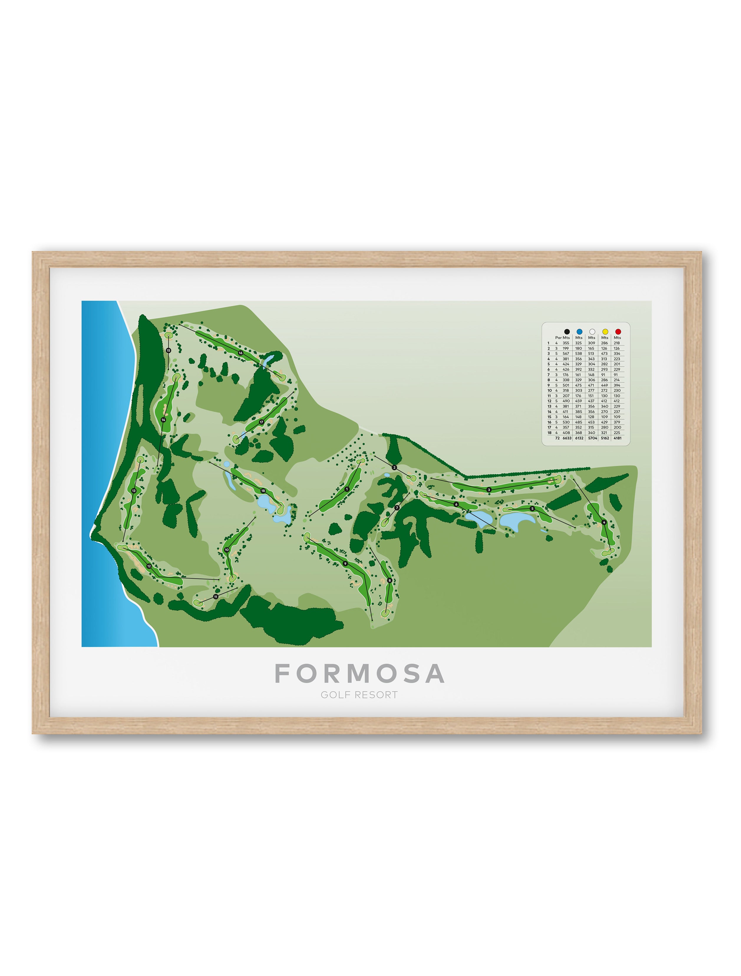 Oak framed minimalist fine art map of Formosa Golf Course, Auckland, New Zealand