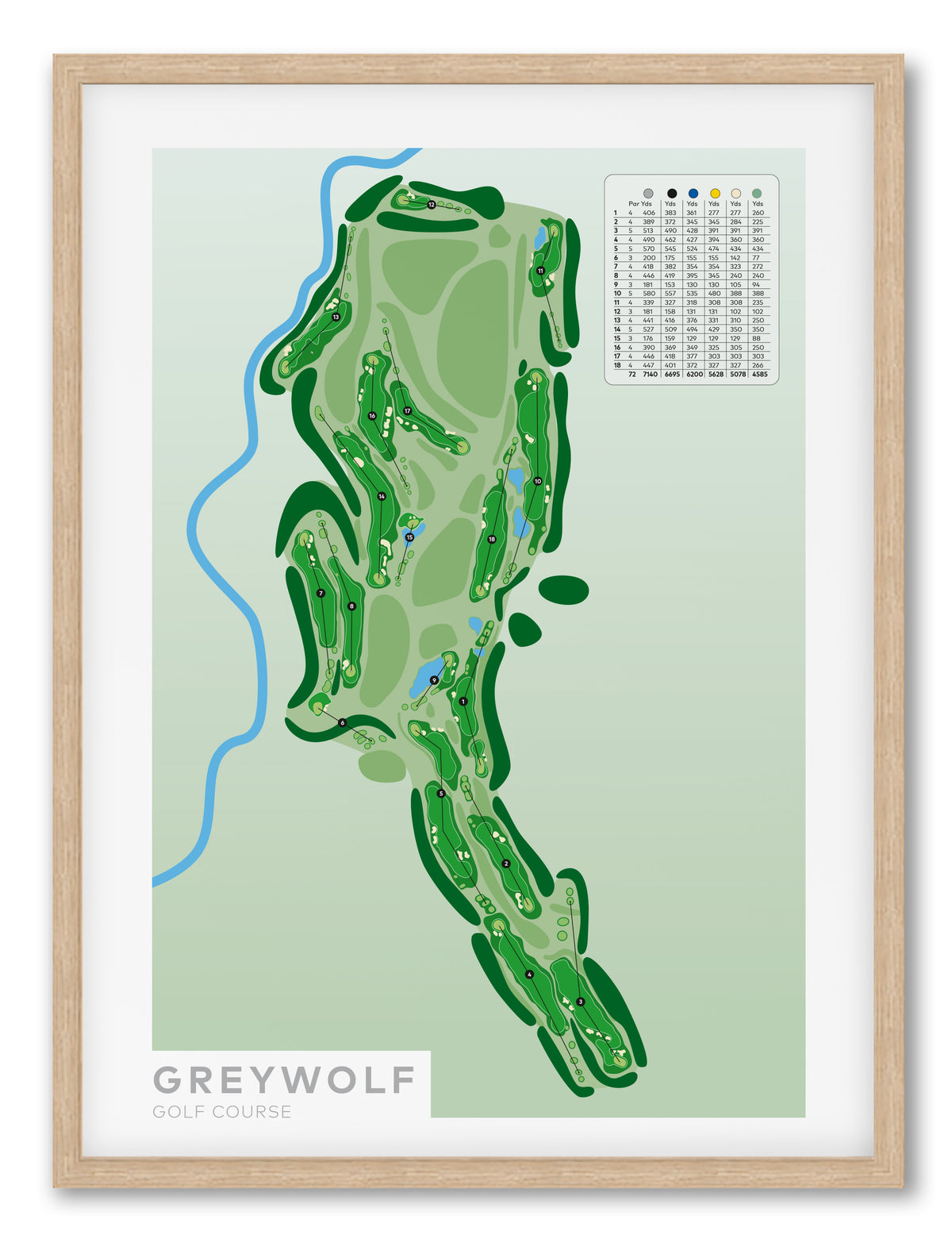 Oak framed minimalist fine art map of Greywolf Golf Course, Panorama, British Columbia, Canada