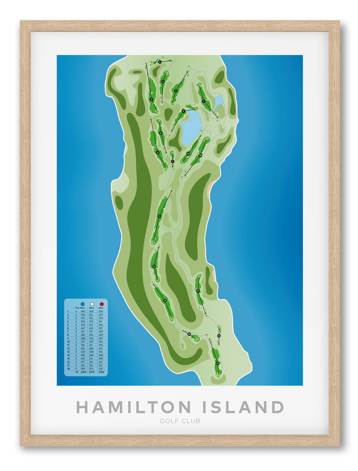 Oak framed minimalist fine art map of Hamilton Island Golf Course, Dent Island, Whitsundays, Queensland, Australia-australia-golf-art