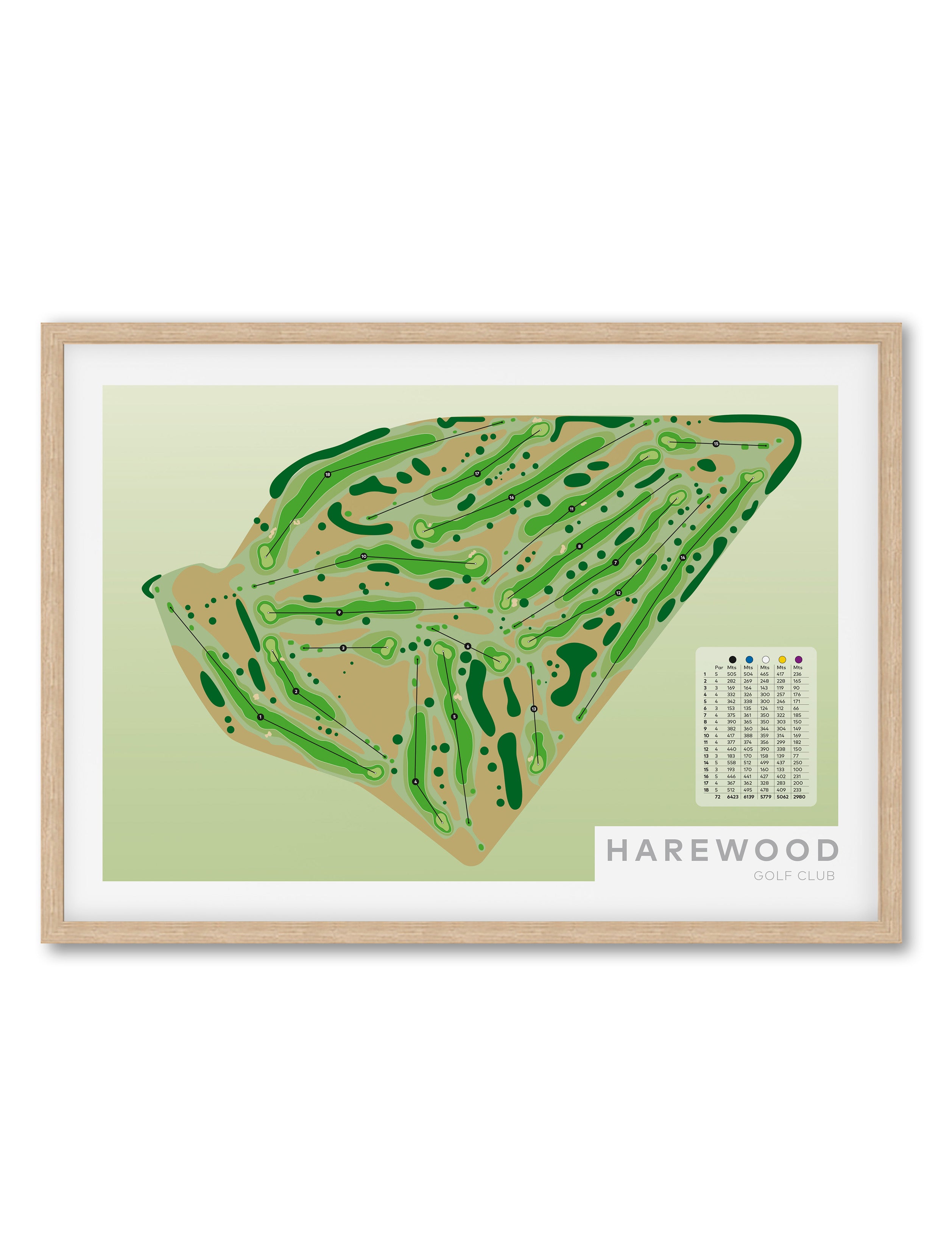 Oak framed minimalist fine art map of Harewood Golf Course, Christchurch, Canterbury, New Zealand