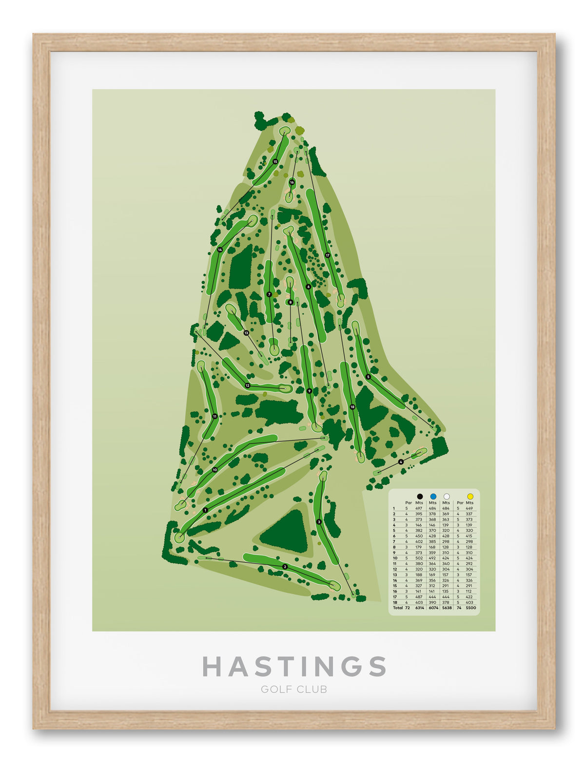 Oak framed minimalist fine art map of Hastings Golf Course, Bridge Pa, Hawke’s Bay, New Zealand