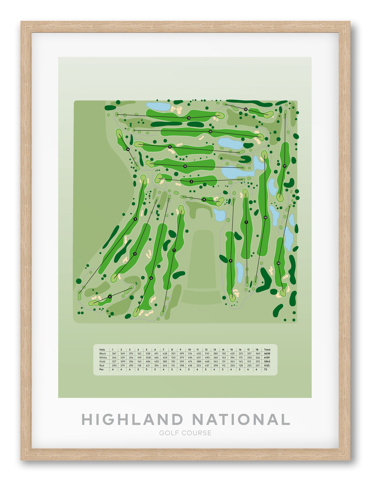 Oak Framed minimalist golf course map of Highland National Golf Course featuring Minnesota’s most famous golf hazard: the world-renowned Snoopy bunker. 
