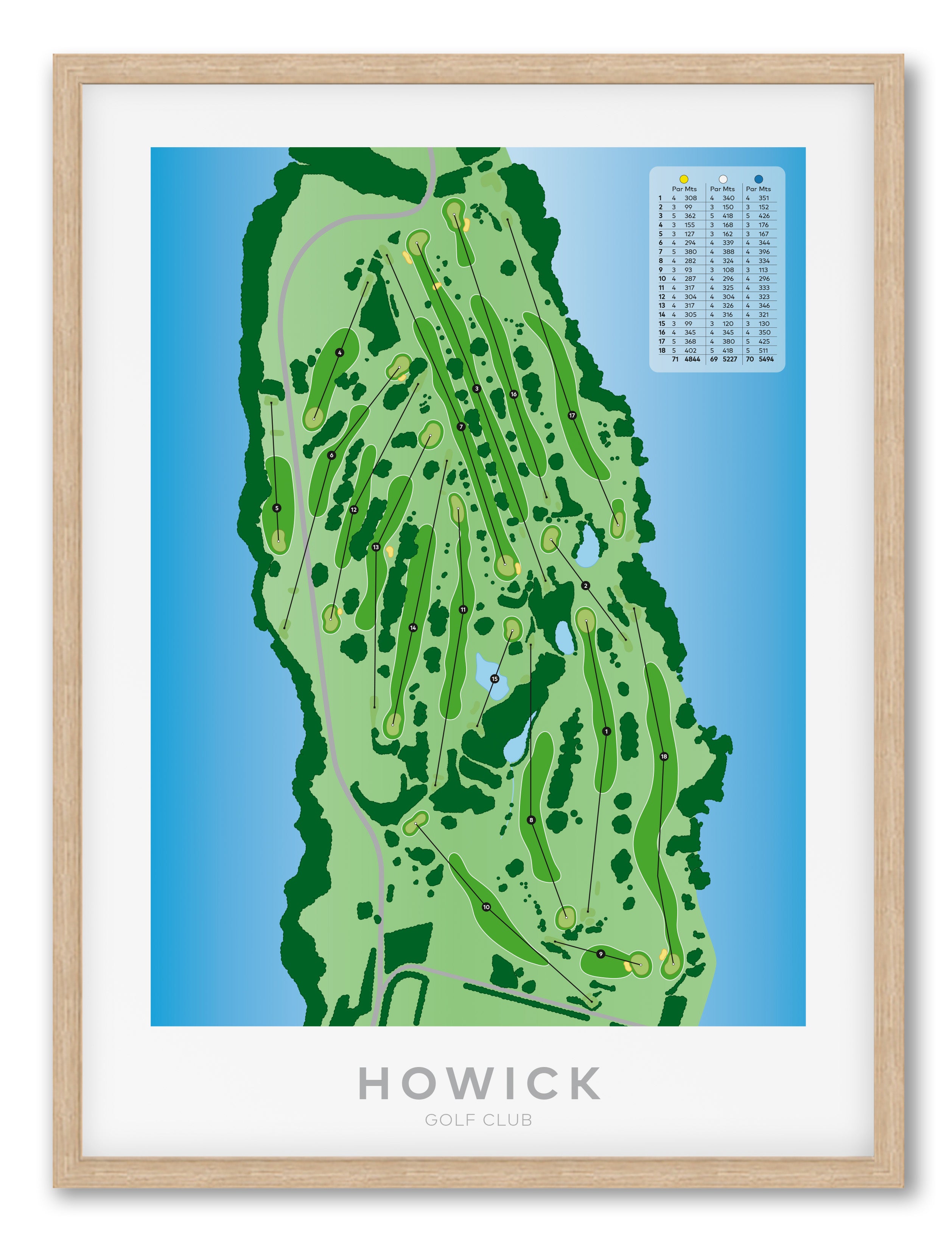 Oak framed minimalist fine art map of Howick Golf Course, Auckland, New Zealand