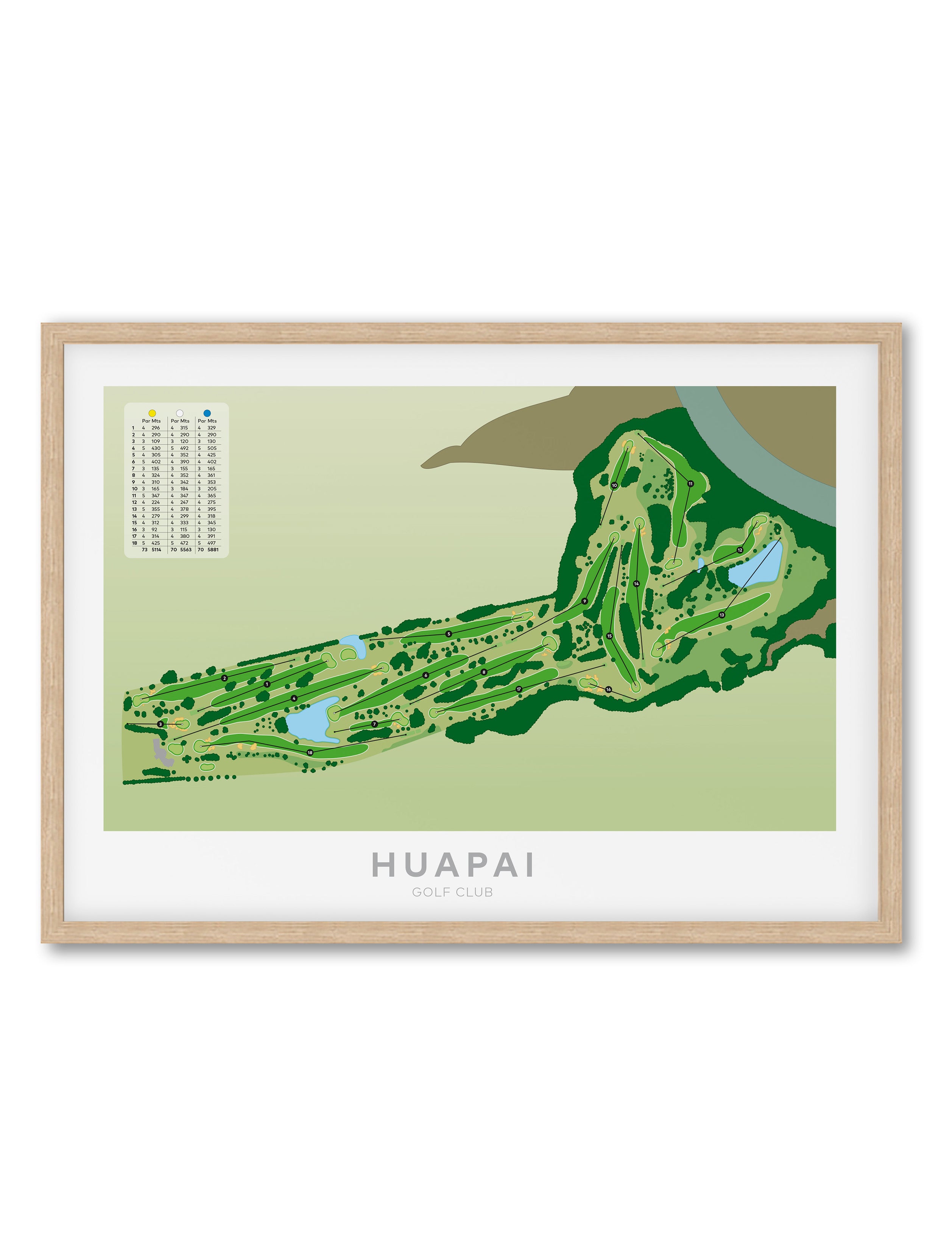 Oak framed minimalist fine art map of Huapai Golf Course, West Auckland, New Zealand