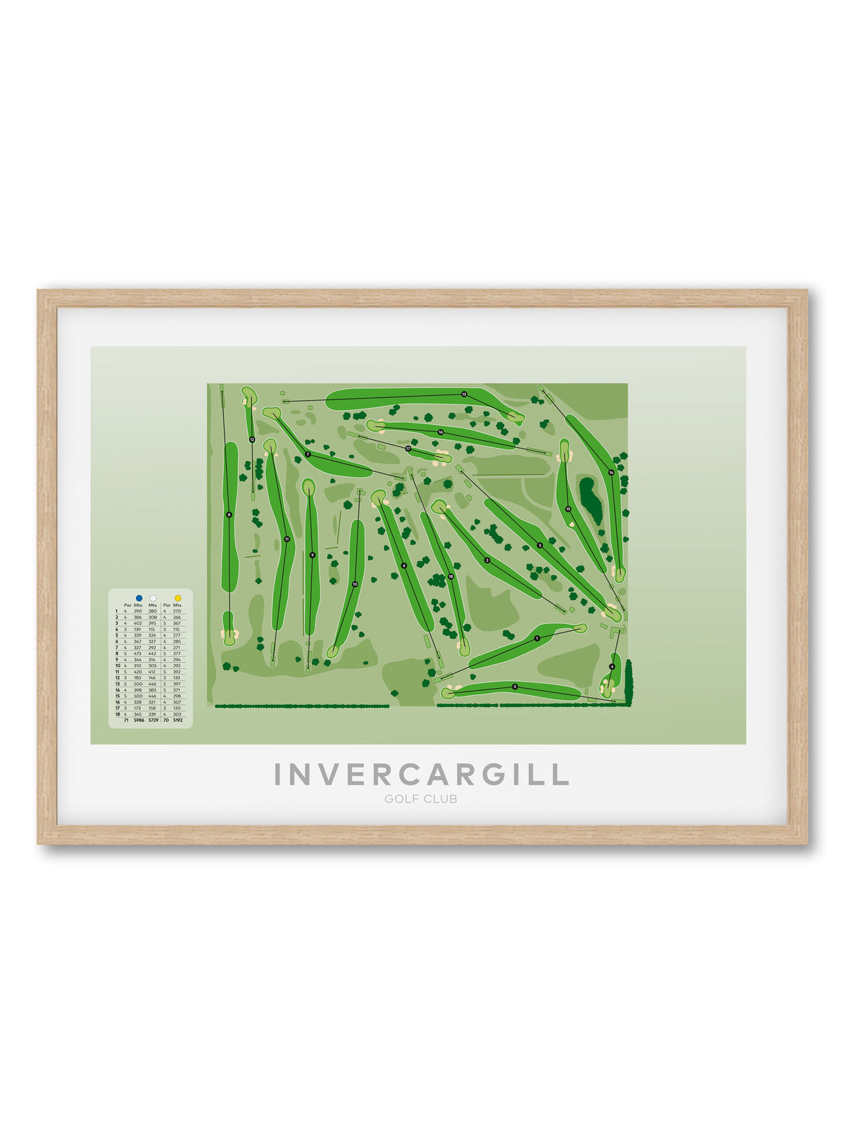 Oak framed minimalist fine art map of Invercargill Golf Course, Southland, New Zealand