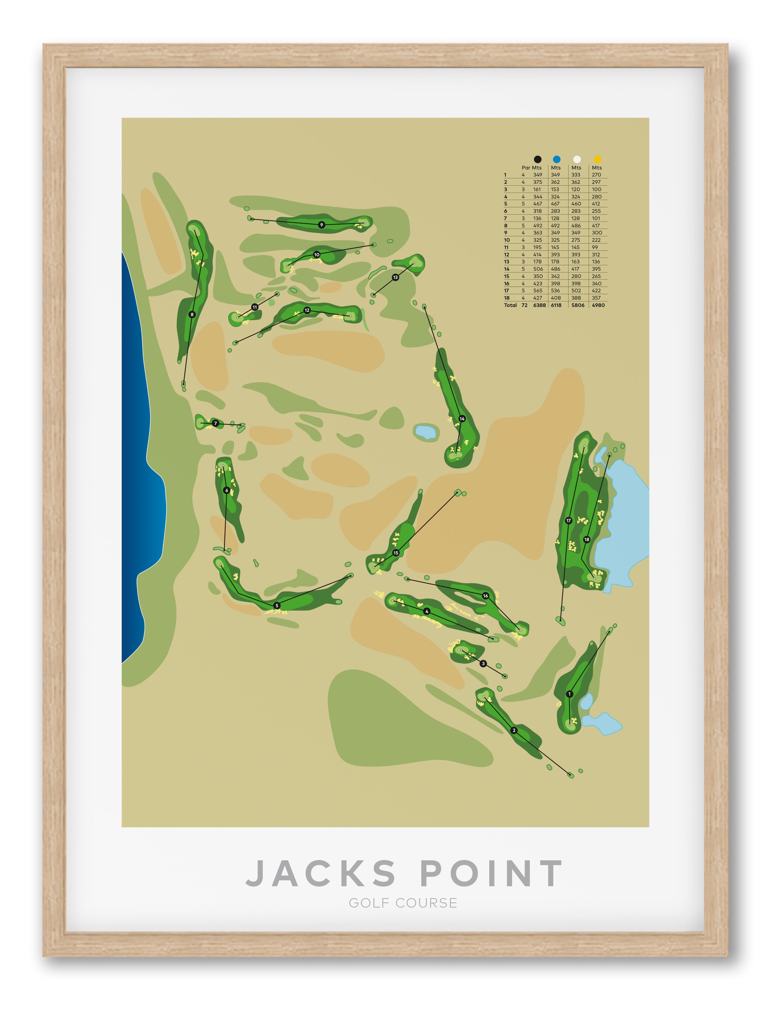 Oak framed minimalist fine art map of Jacks Point Golf Course, Queenstown Lakes, Otago, New Zealand