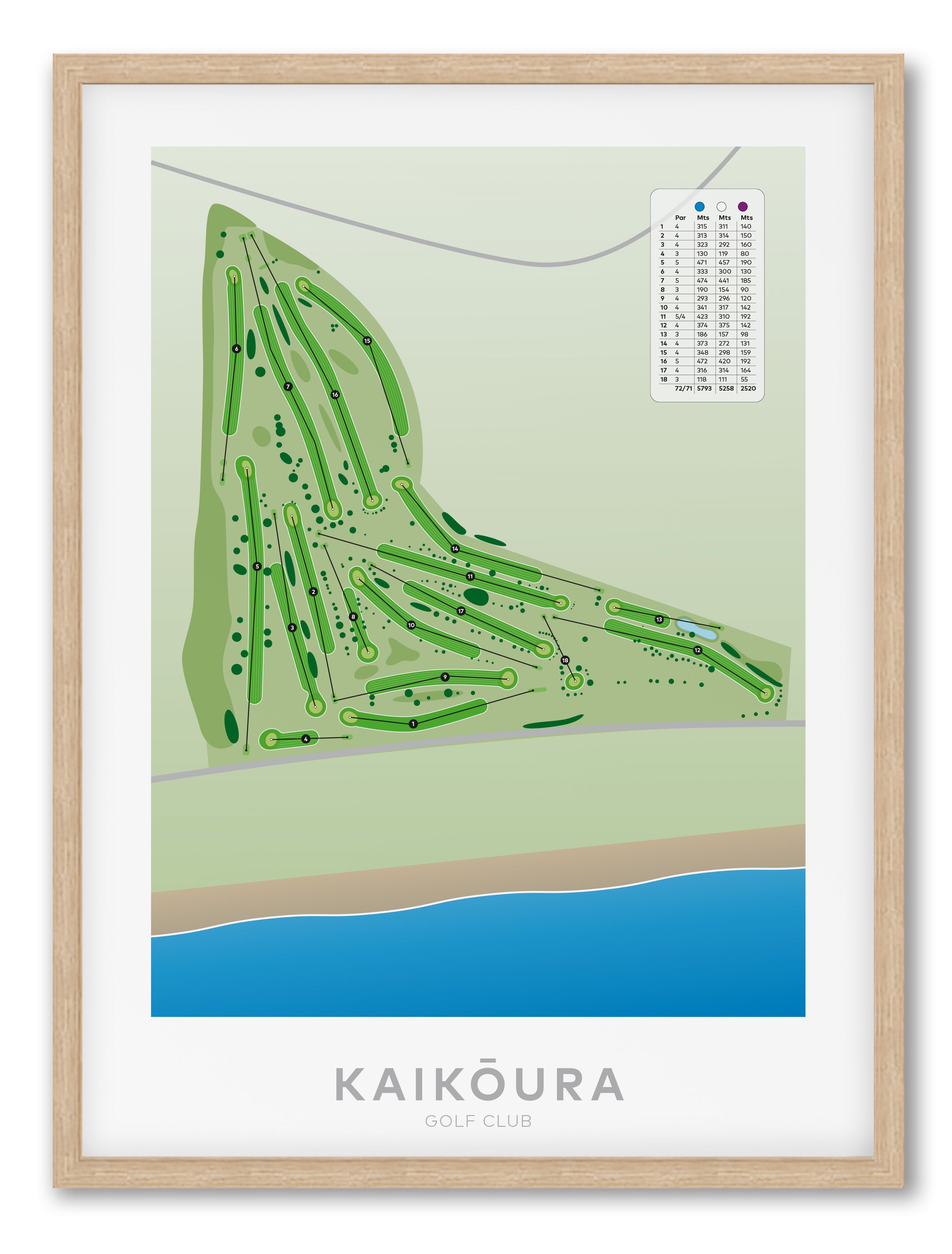 Oak framed Minimalist fine art map of Kaikoura Golf Course, Canterbury, New Zealand