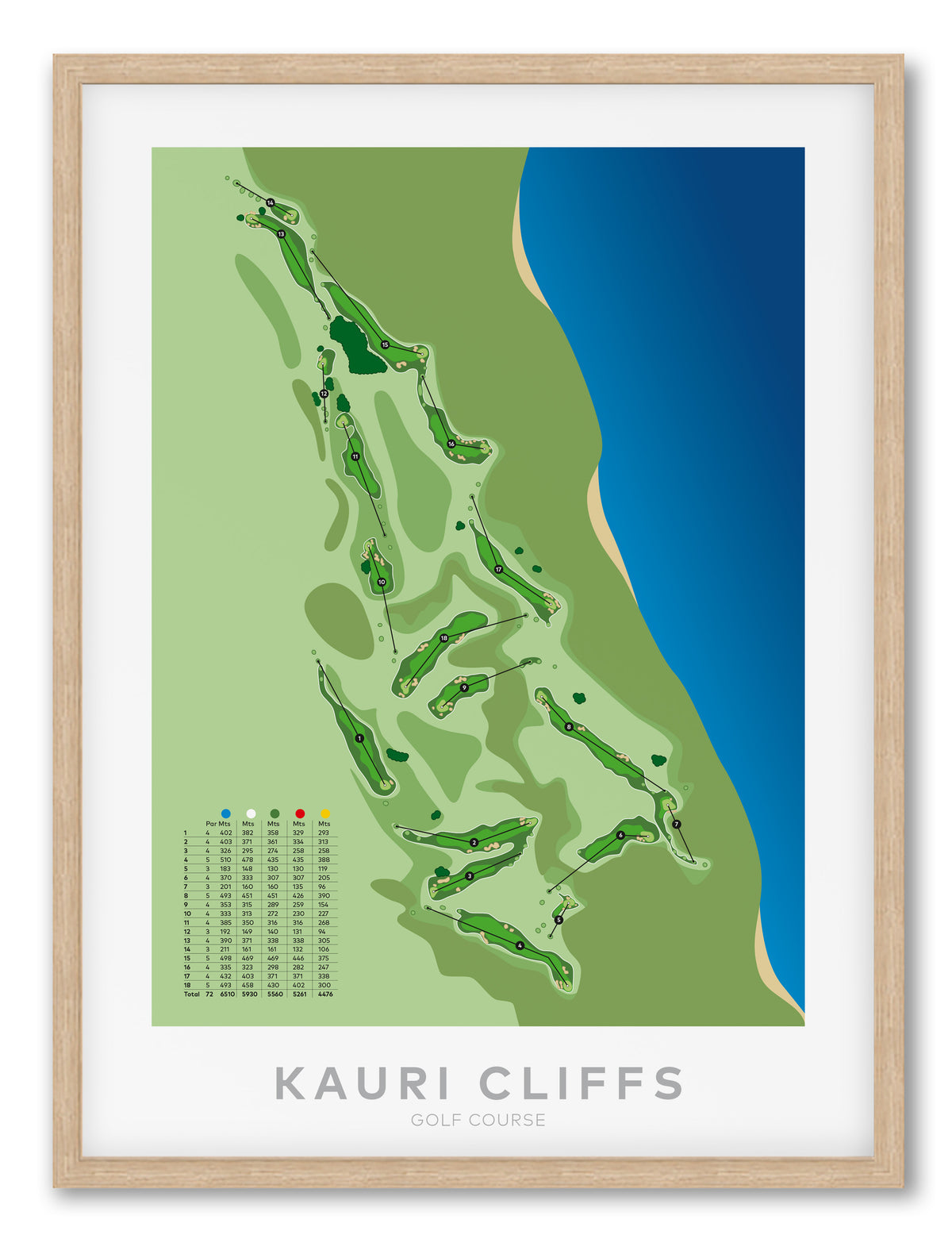 Oak framed minimalist fine art map of Kauri Cliffs Golf Course, Northland, New Zealand