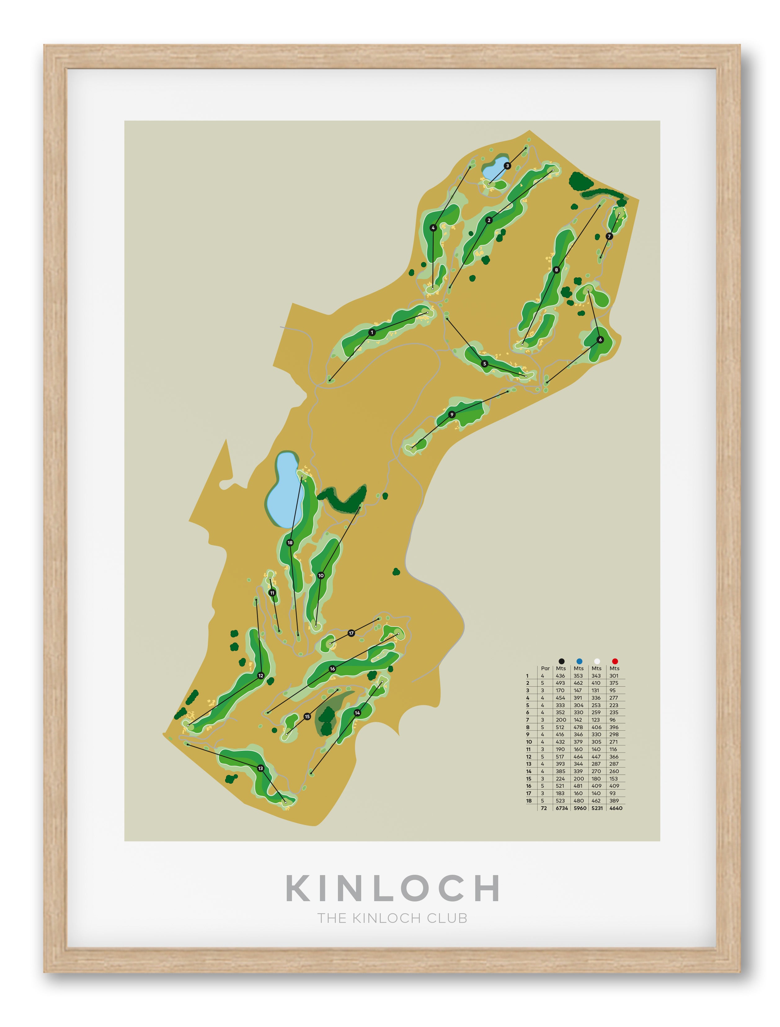 Oak framed minimalist fine art map of Kinloch Golf Course, Taupo, New Zealand