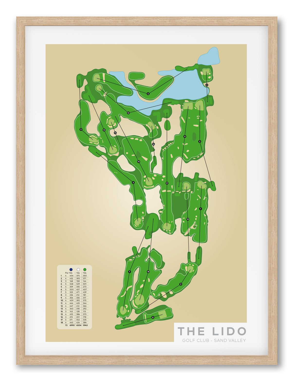 Oak framed Minimalist fine art map of The Lido Golf Course, Sand Valley, Wisconsin, USA