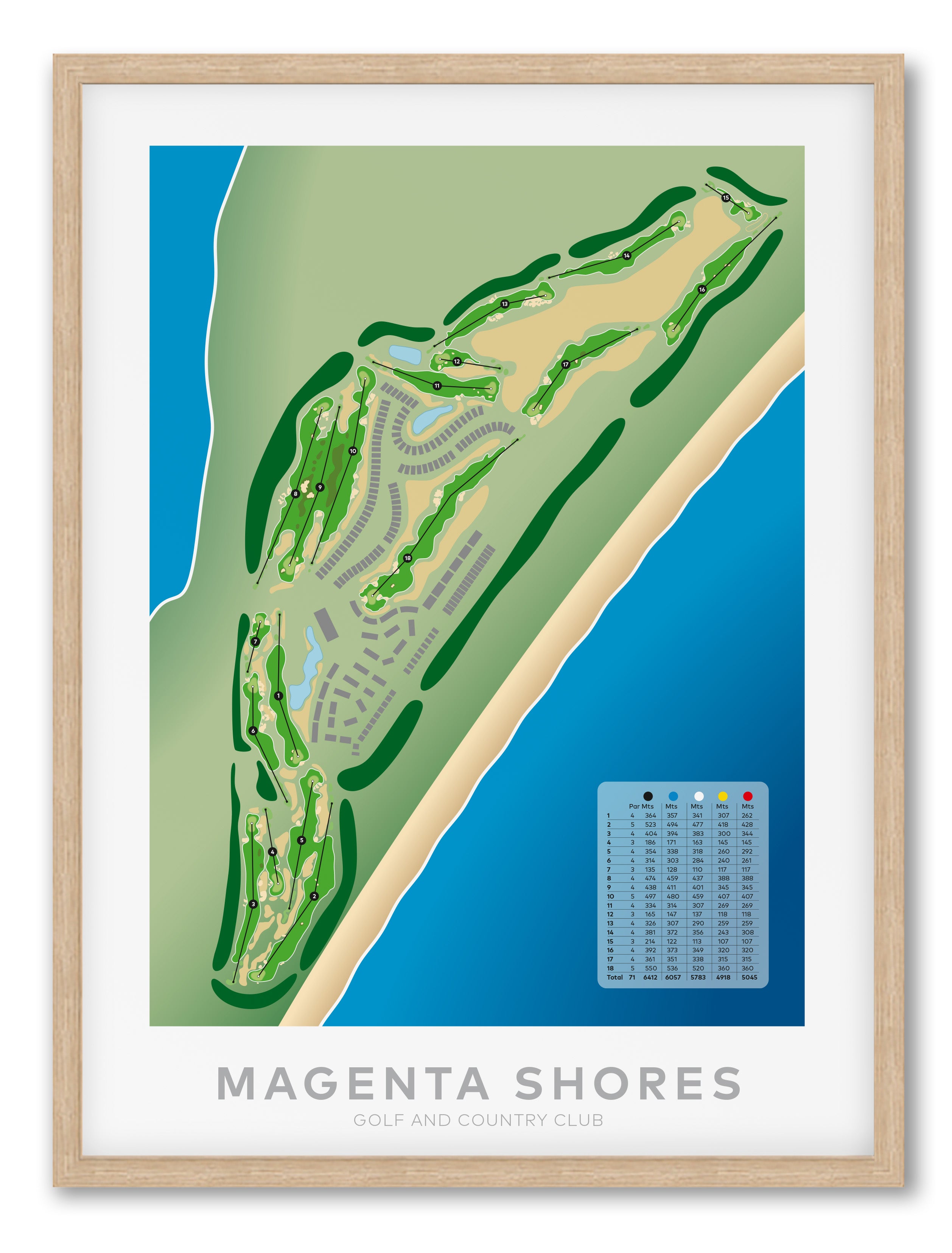 Oak framed minimalist fine art map of Magenta Shores Golf Course, Central Coast, NSW, New South Wales, Australia-australia-golf-art