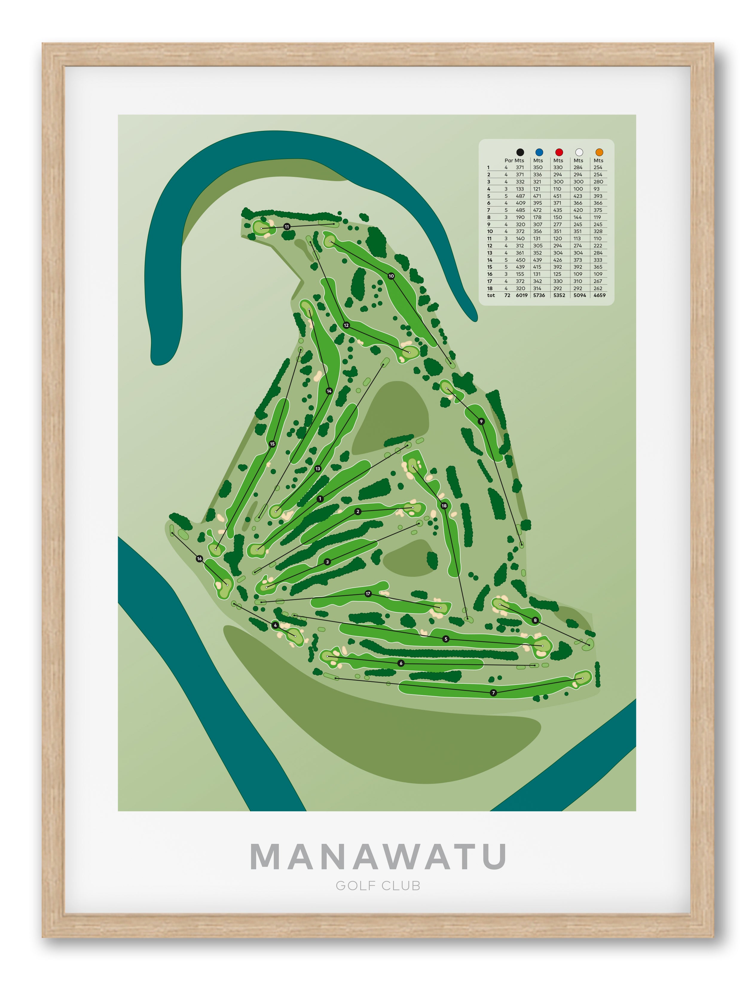 Oak framed minimalist fine art map of Manawatu Golf Course, Palmerston North, Taranaki, New Zealand.