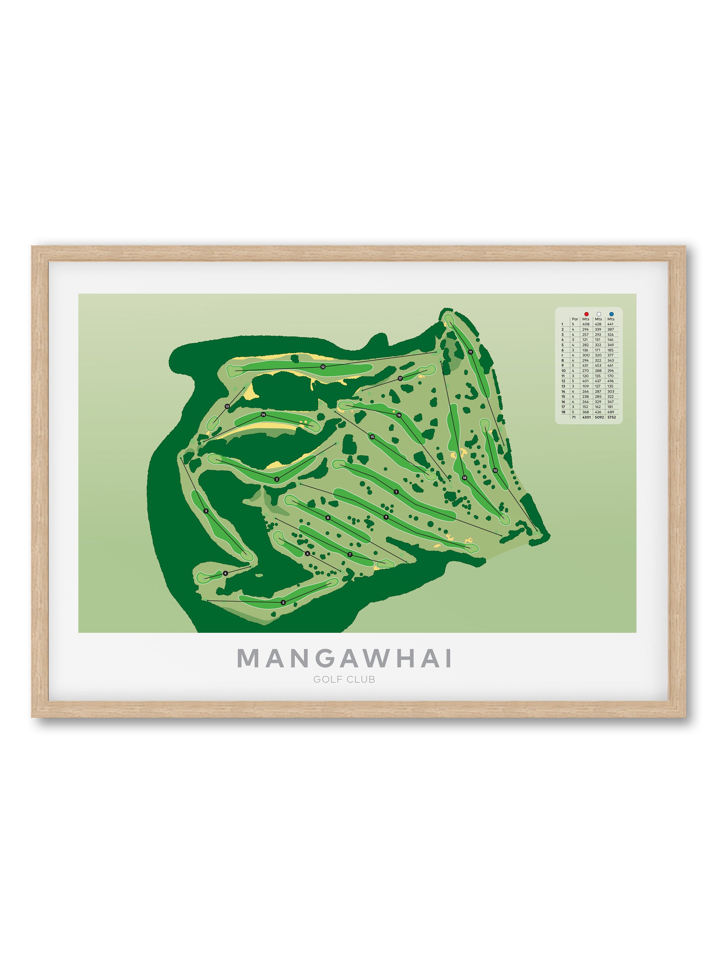 Oak framed Minimalist fine art map of Mangawhai Golf Course, Northland, New Zealand