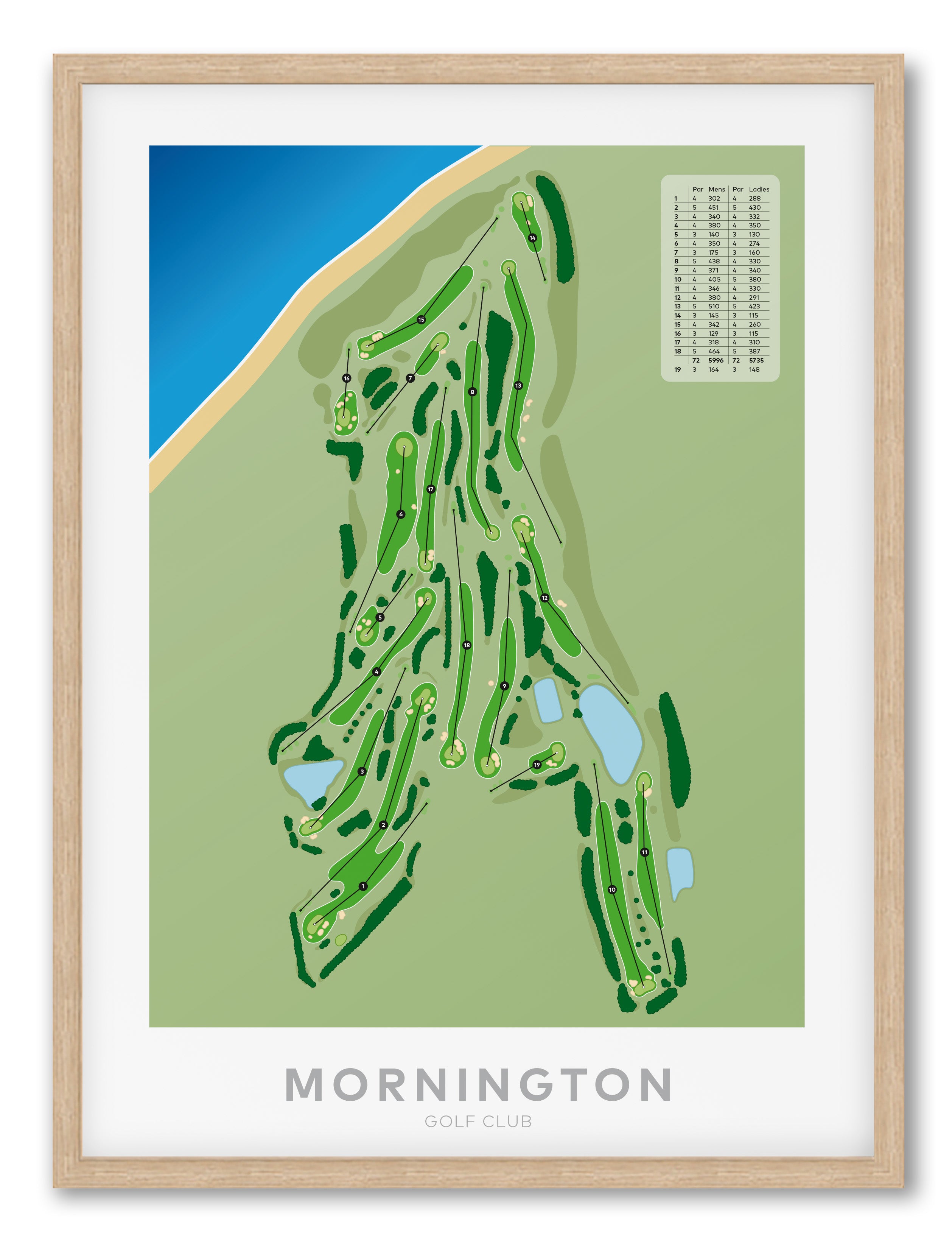Oak framed minimalist fine art map of Mornington (VIC) Golf Course, Melbourne, Victoria, Australia-australia-golf-art
