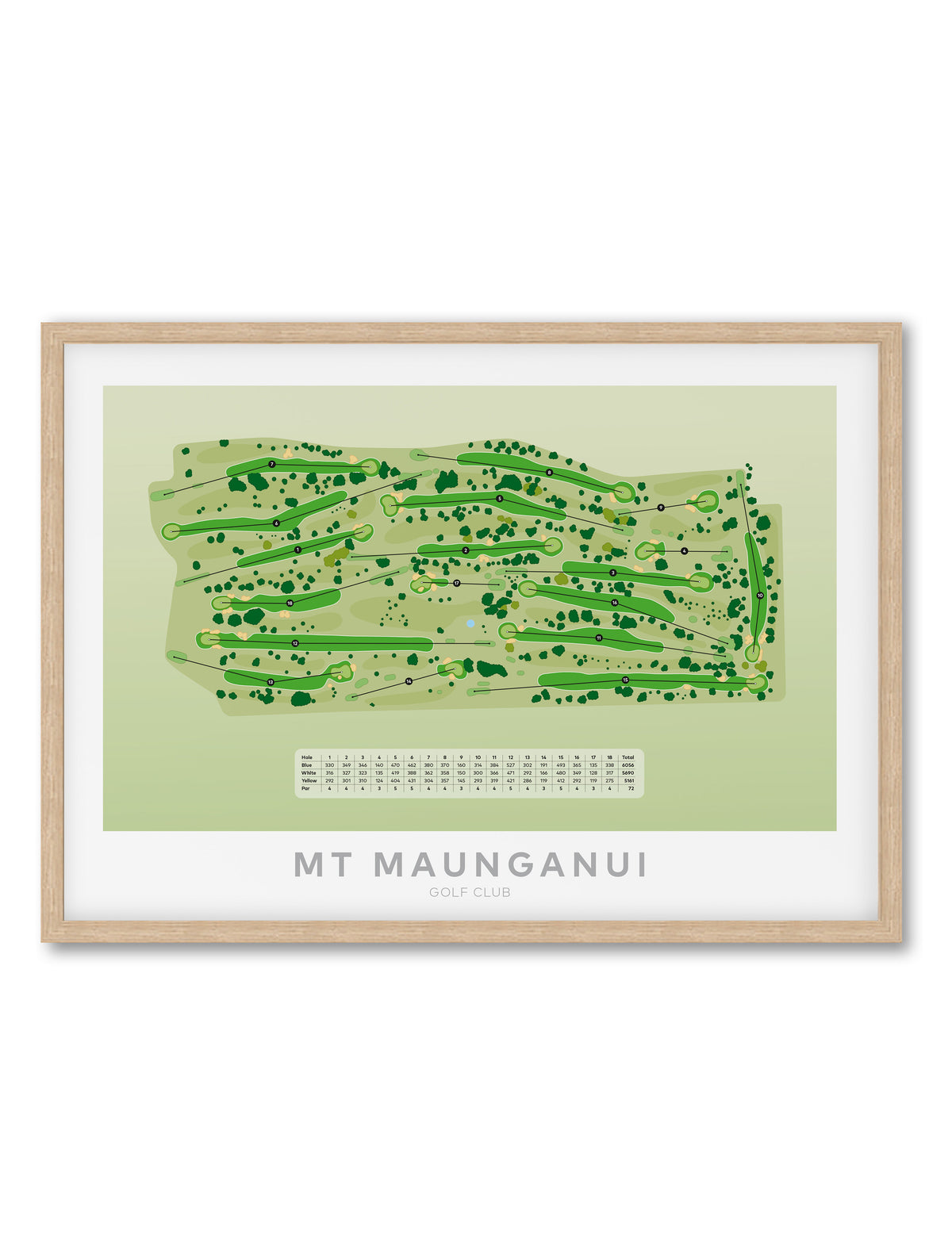 Oak framed minimalist fine art map of Mount Maunganui Golf Course, Bay of Plenty, BOP, New Zealand