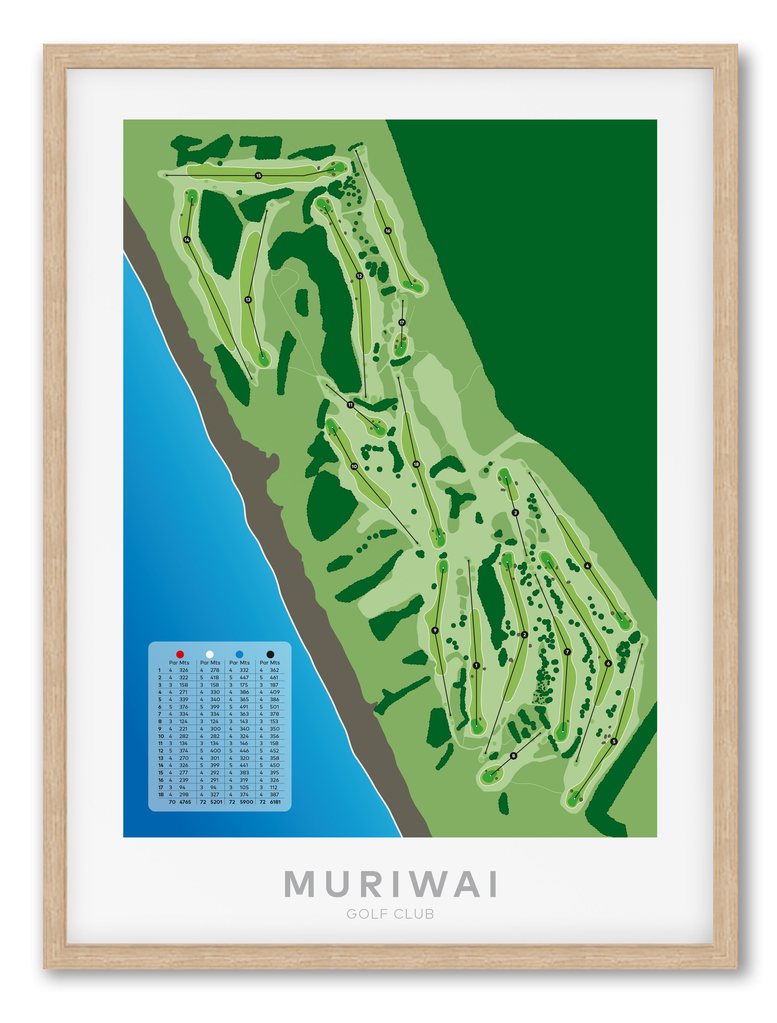 Oak framed minimalist fine art map of Muriwai Golf Course, West Auckland, New Zealand