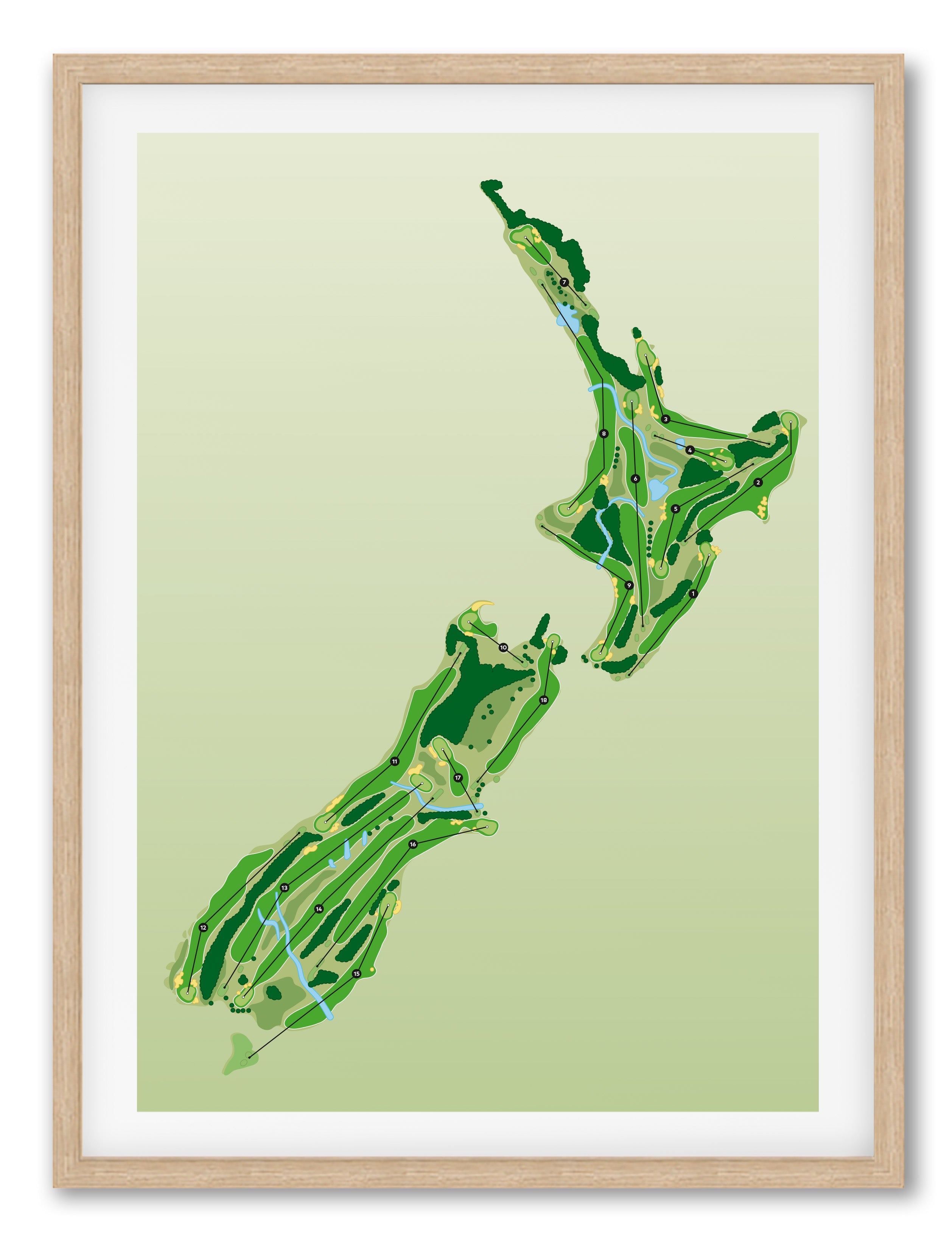 Oak framed Minimalist fine art map of New Zealand Golf Course concept artwork