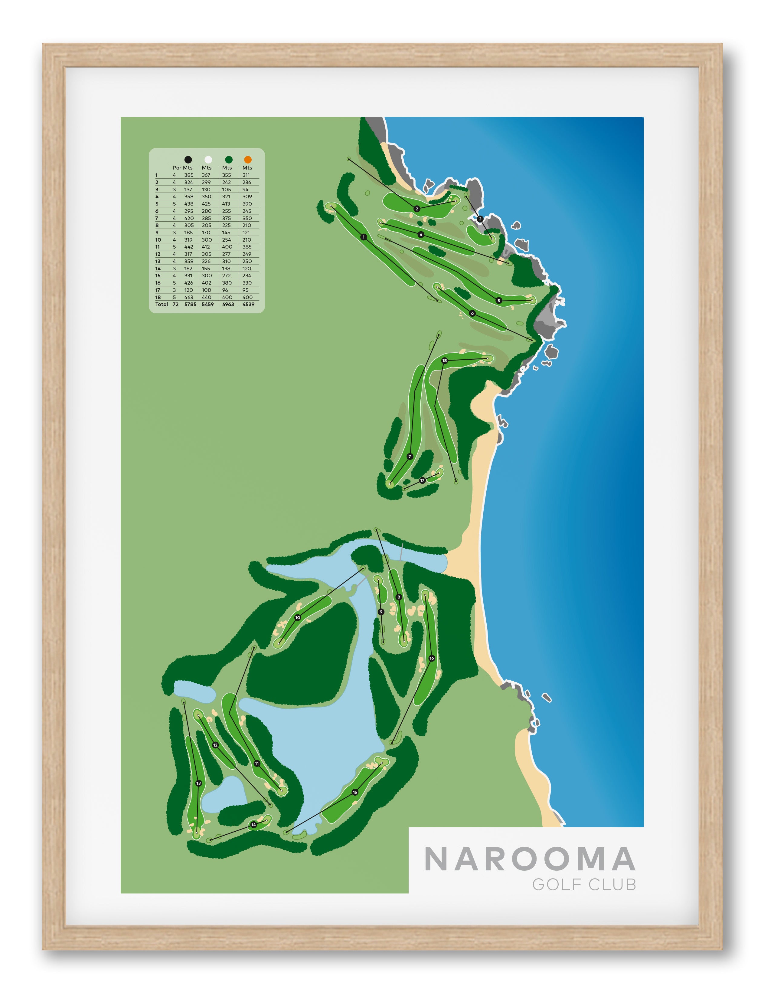 Oak framed minimalist fine art map of Narooma Golf Course, Eurobodalla Shire, South Coast Region, Australia-australia-golf-art
