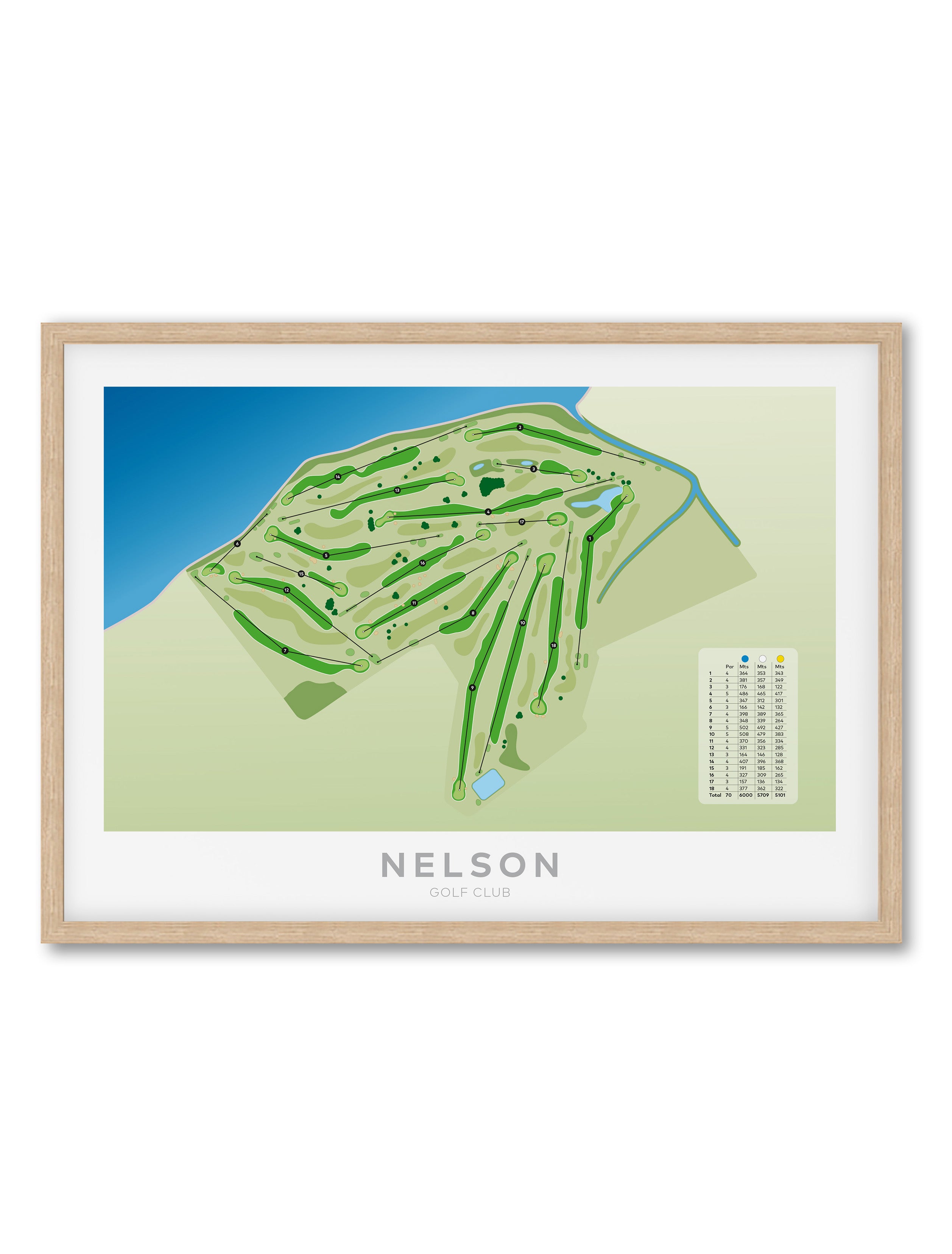 Oak framed Minimalist fine art map of Nelson Golf Course, Tasman Region, New Zealand