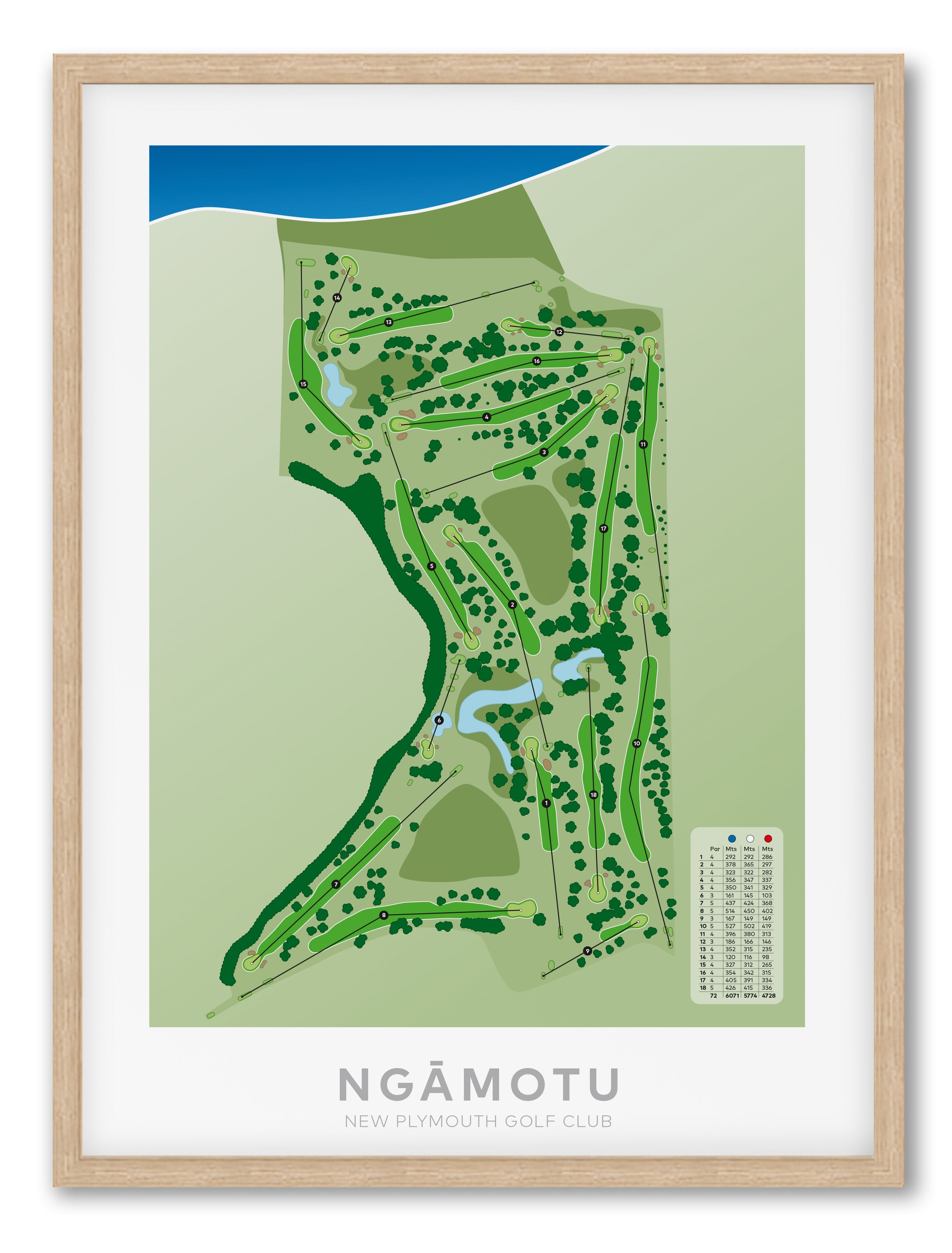 Oak framed minimalist fine art map of Ngamotu - New Plymouth Golf Course, Taranaki, New Zealand