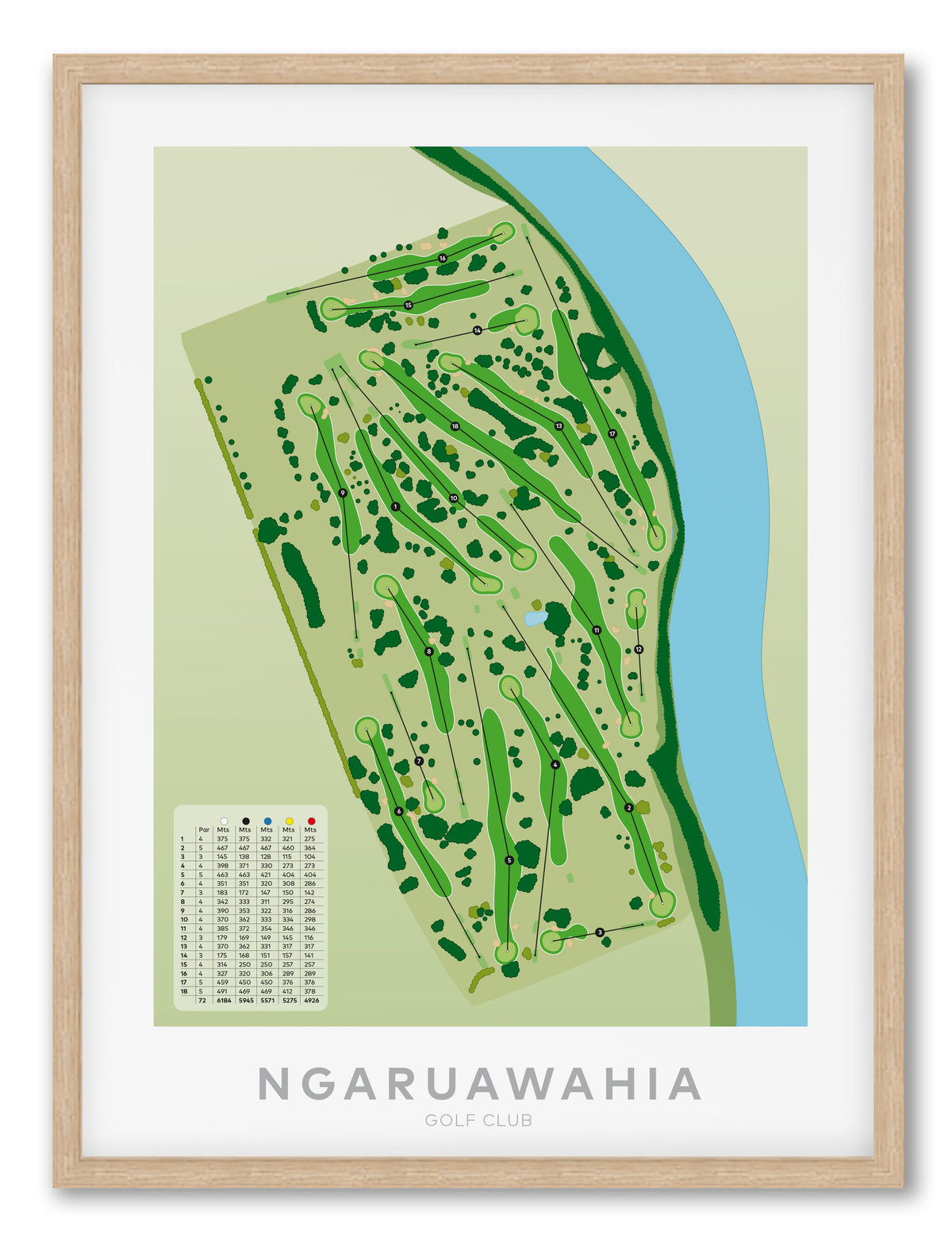 Oak framed Minimalist fine art map of Ngaruawahia Golf Course, Hamilton, Waikato, New Zealand