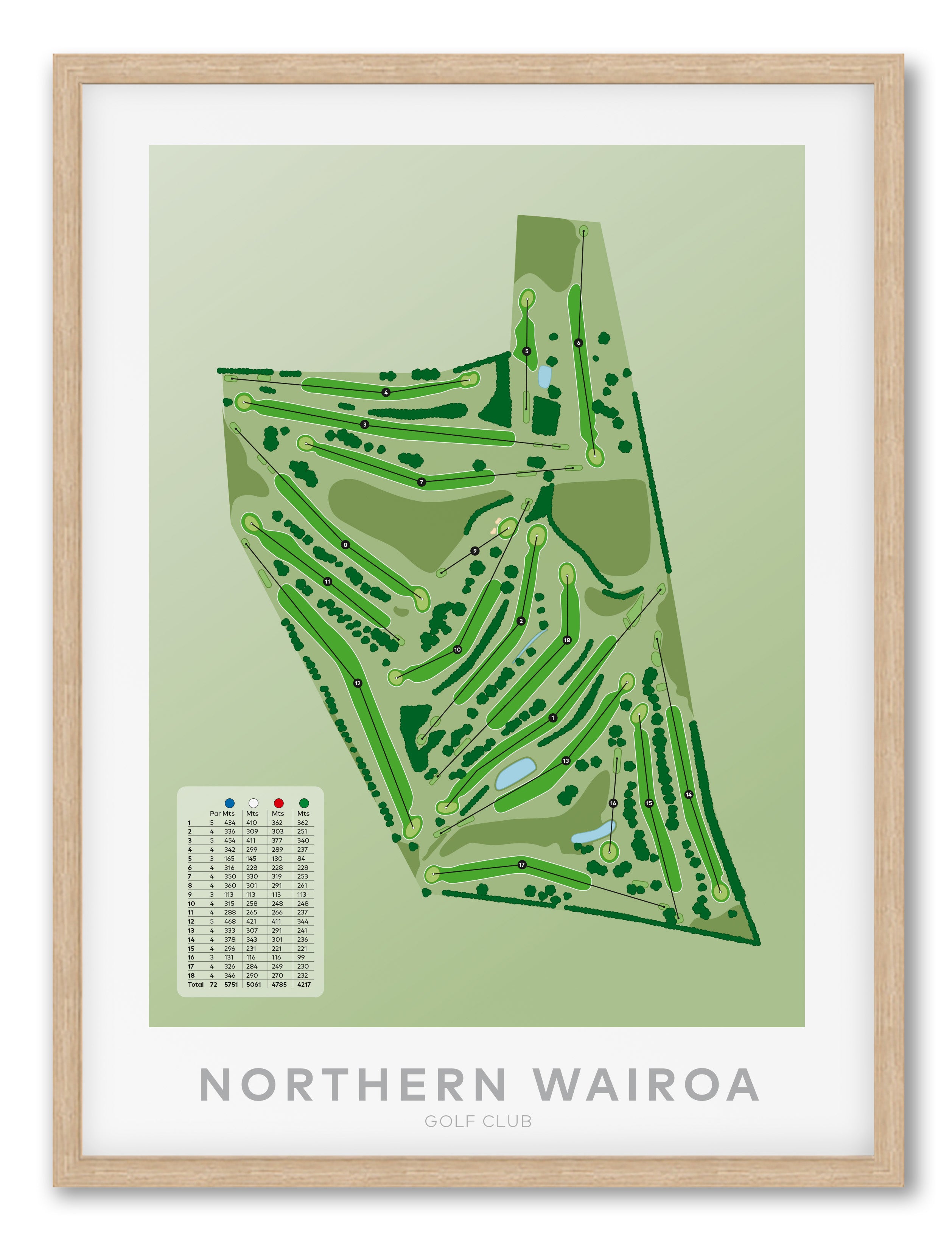 Oak framed minimalist fine art map of Northern Wairoa Golf Course, Northland, New Zealand
