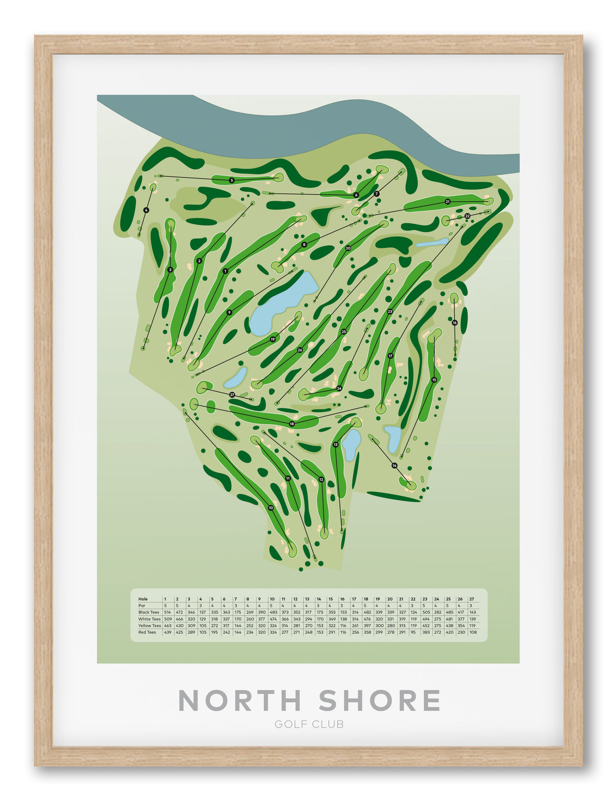 Oak framed Minimalist fine art map of North Shore Golf Course, Auckland, New Zealand