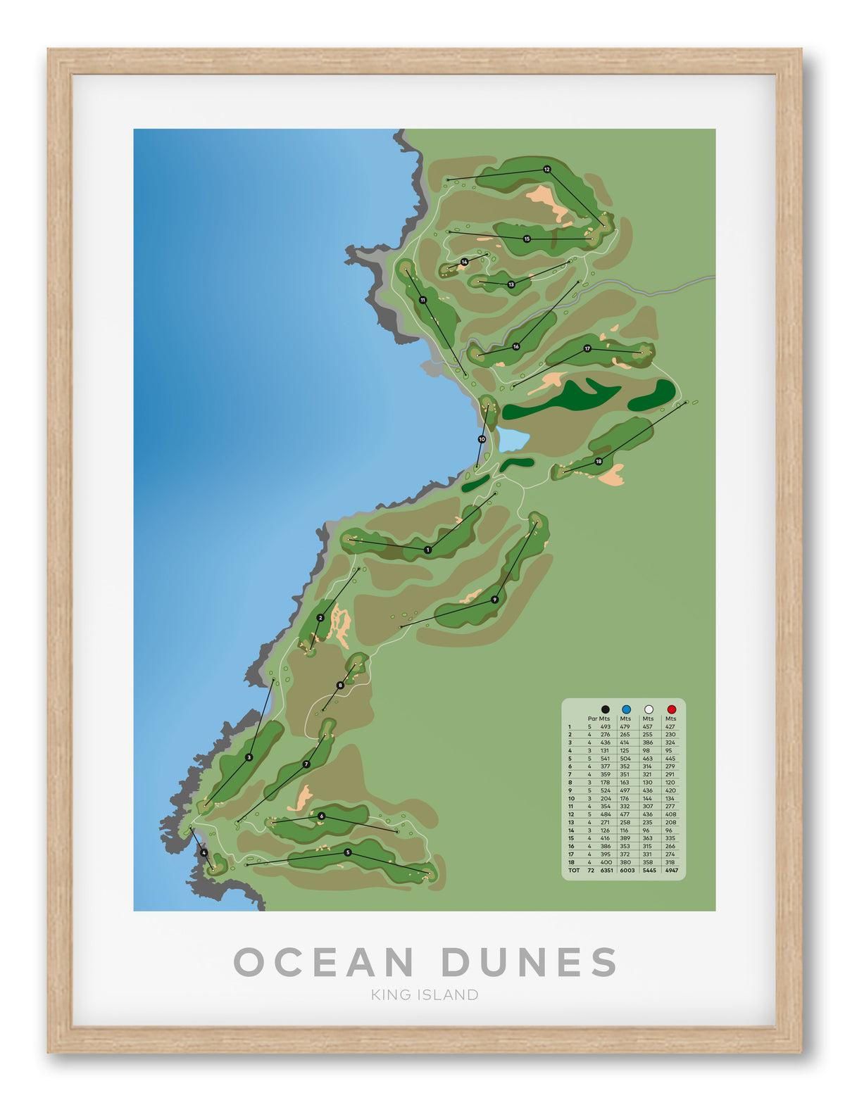 Oak framed minimalist fine art map of Ocean Dunes Golf Course, King Island, Tasmania, Australia-australia-golf-art