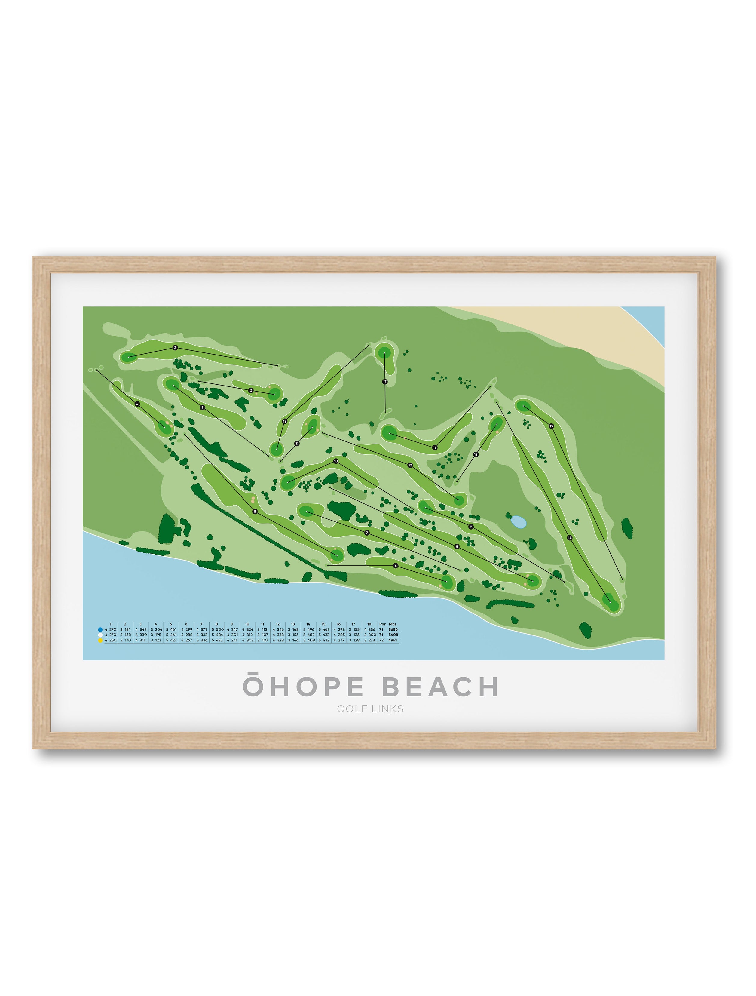 Oak Framed Minimalist fine art map of Ohope Beach Golf Course, Bay of Plenty, New Zealand