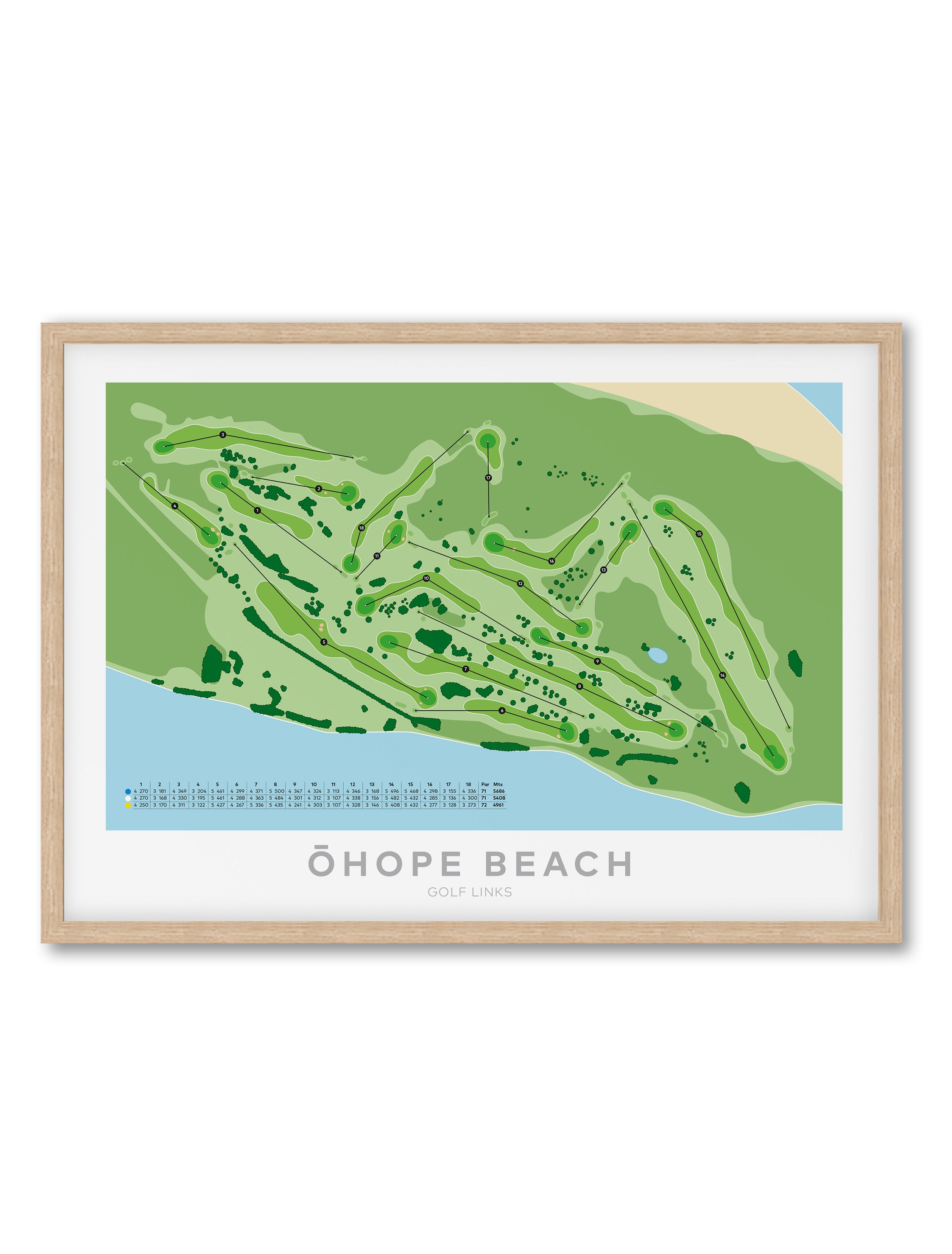 Oak Framed Minimalist fine art map of Ohope Beach Golf Course, Bay of Plenty, New Zealand