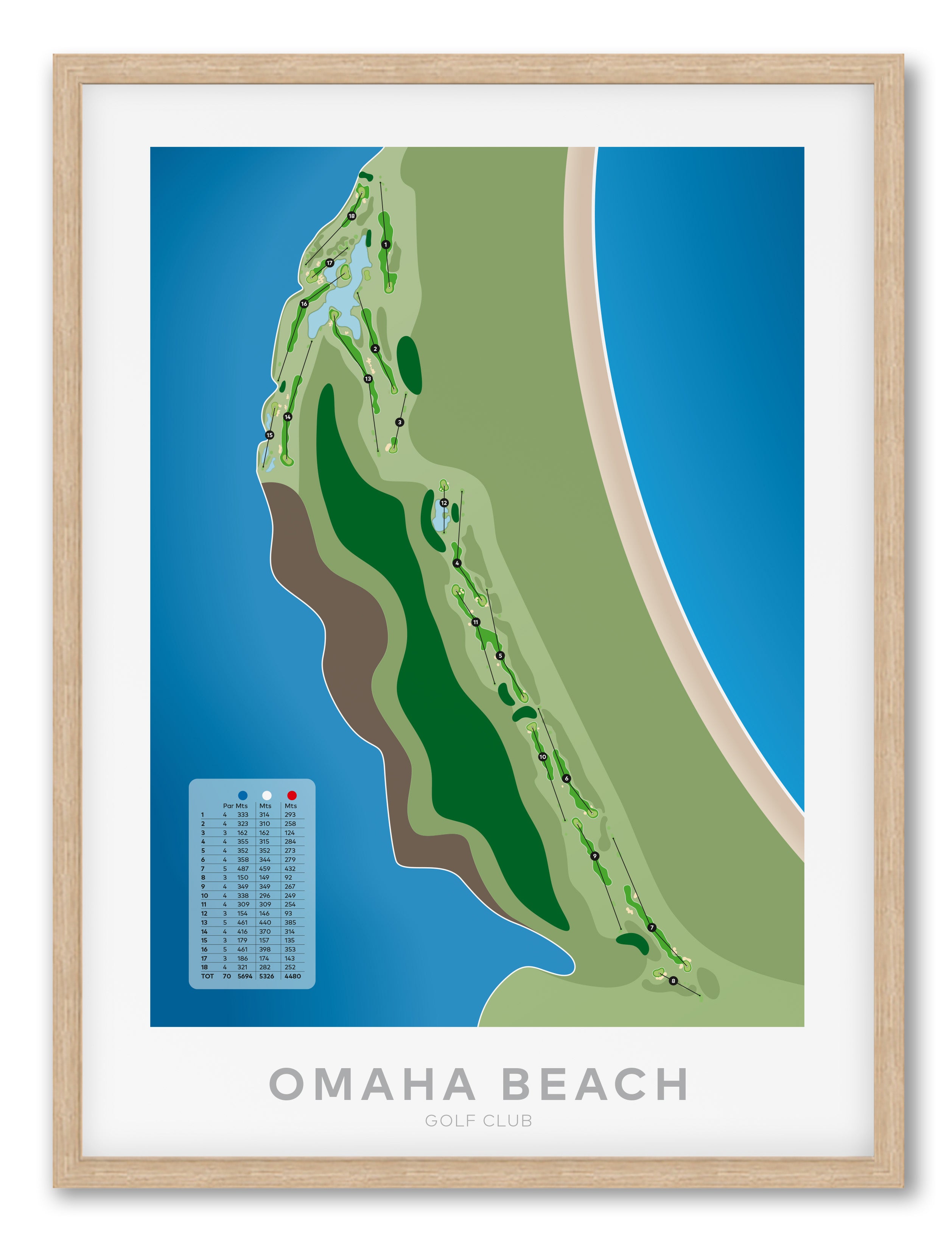 Oak framed Minimalist fine art map of Omaha Beach Golf Course, near Auckland, New Zealand