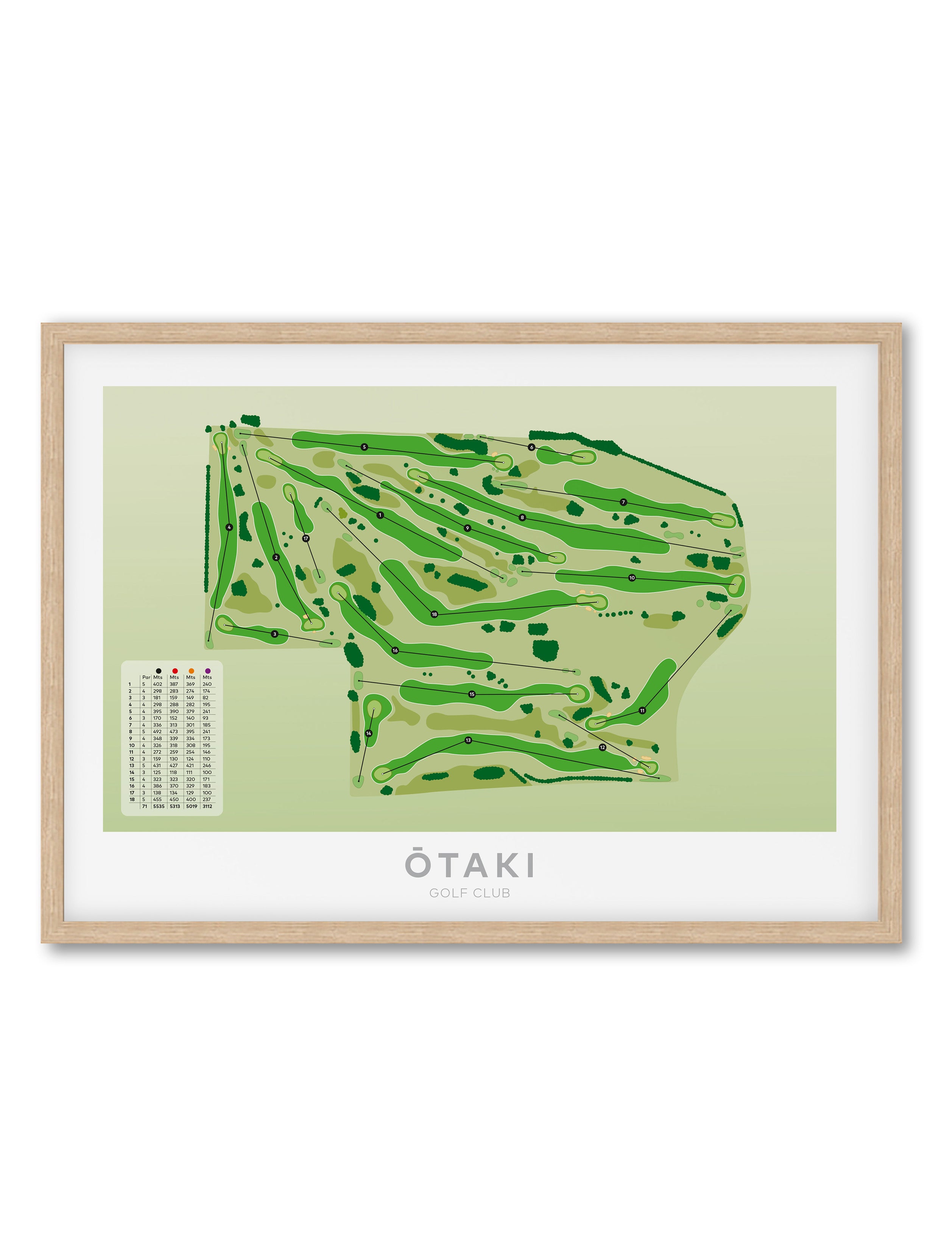 Oak framed Minimalist fine art map of Otaki Golf Course, Kapiti, New Zealand