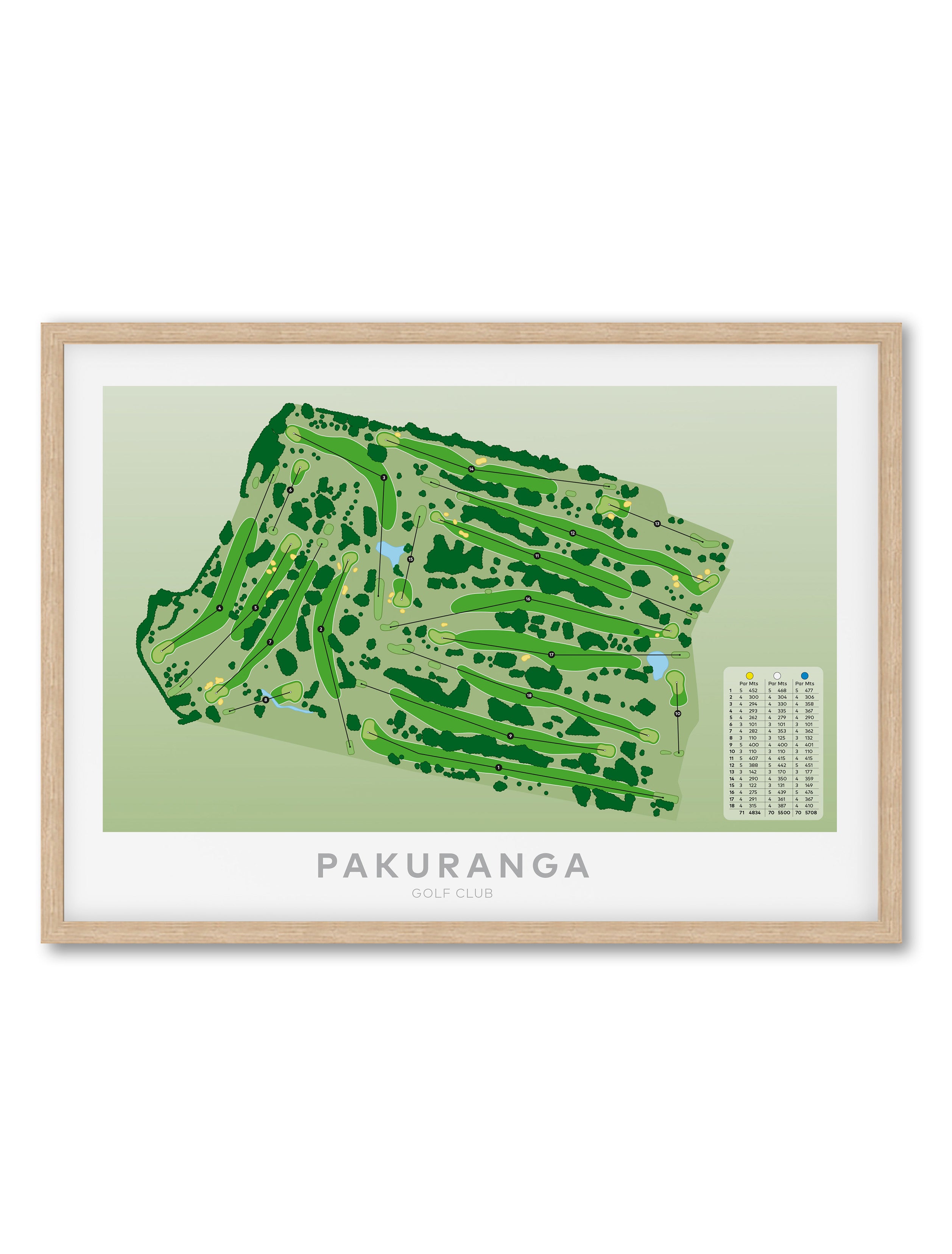 Oak Framed Minimalist fine art map of Pakuranga Golf Course, East Auckland, New Zealand