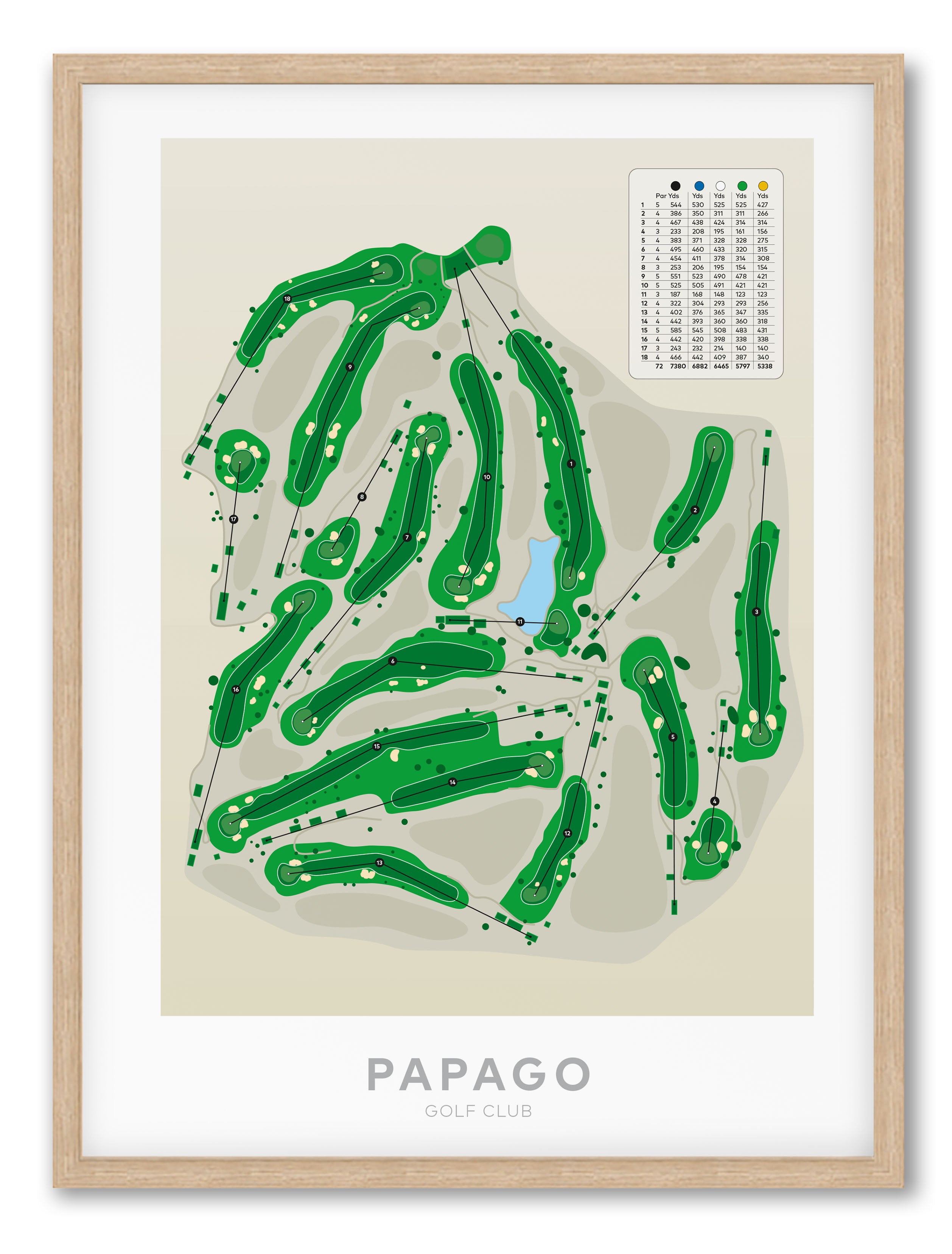 Oak framed golf course map print for Papago Golf Club, featuring green fairways and holes on a beige background with a light wood frame and white mat.