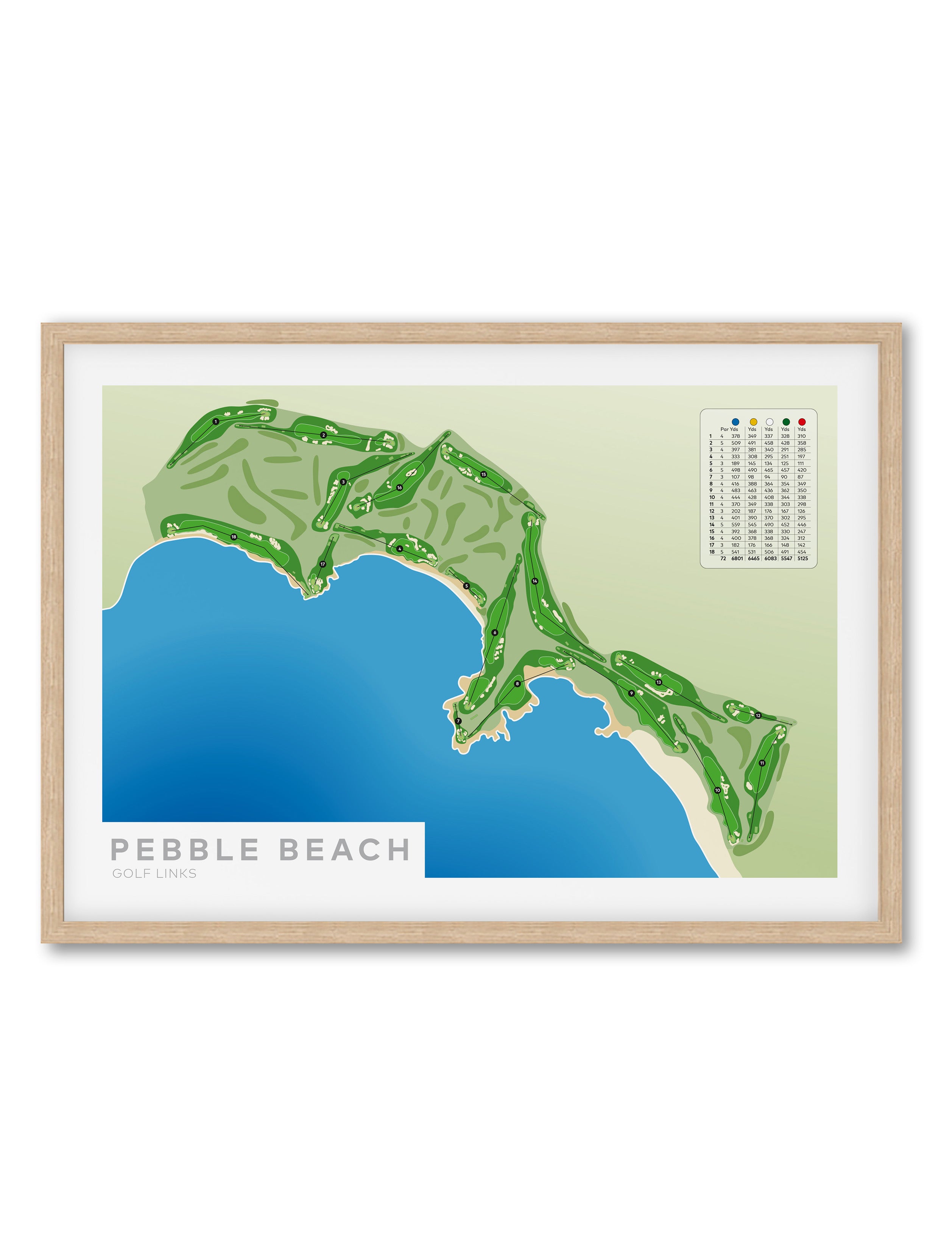 Oak Framed Minimalist fine art map of Pebble Beach Golf Course, California, USA