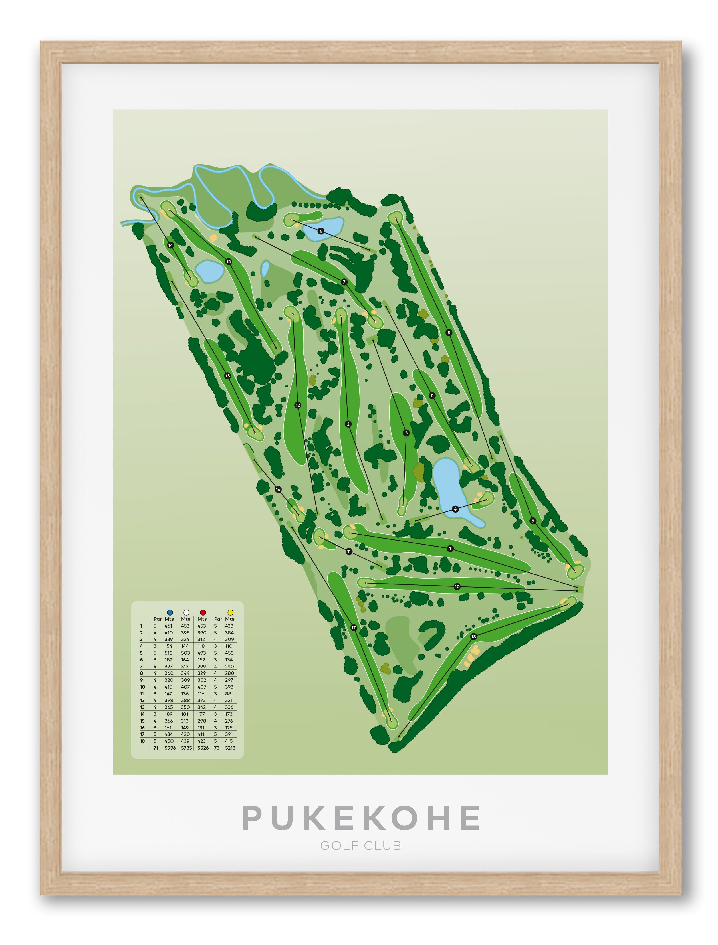 Oak framed Minimalist fine art map of Pukekohe Golf Course, South Auckland, New Zealand