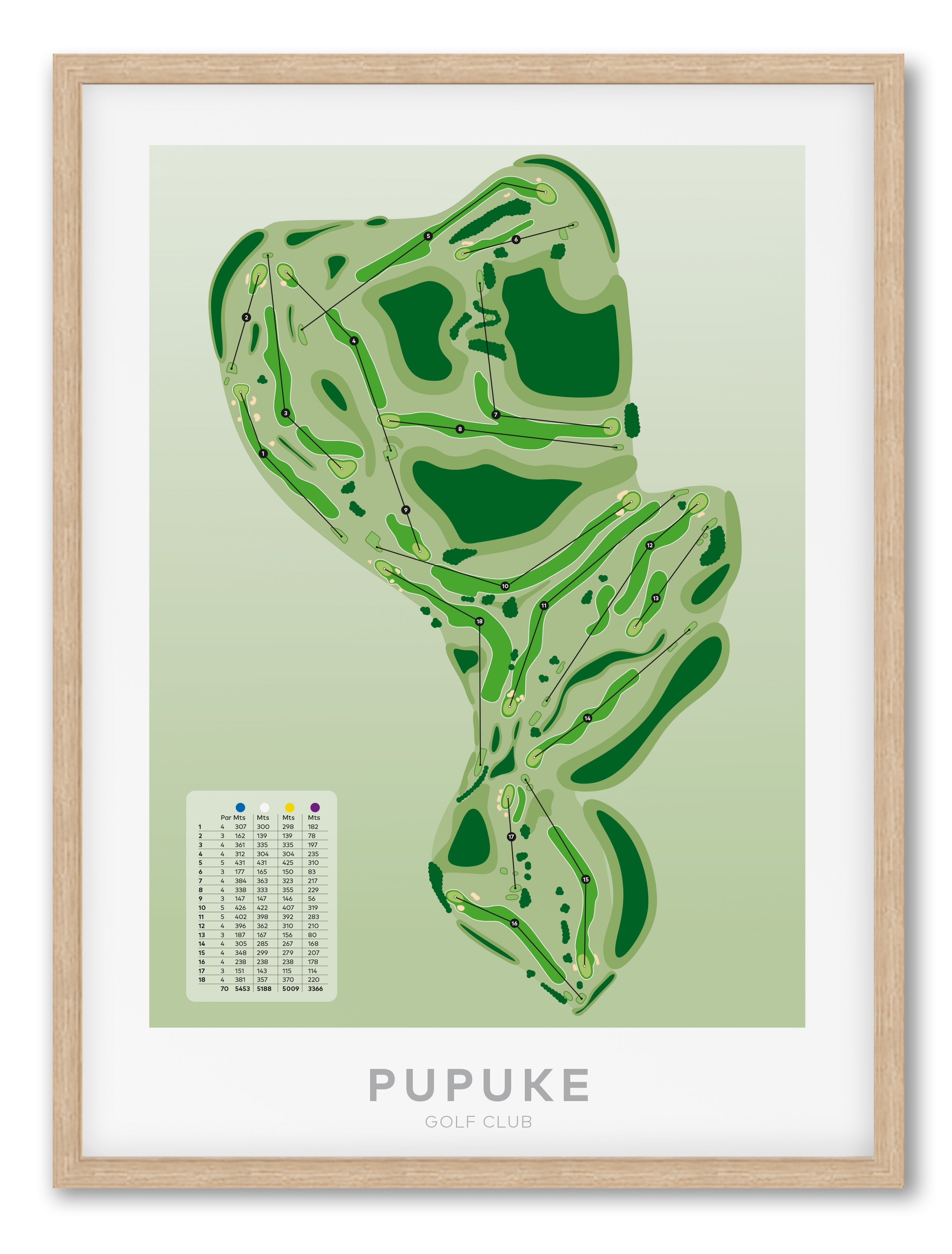 Oak framed Minimalist fine art map of Pupuke Golf Course, North Shore, Auckland, New Zealand