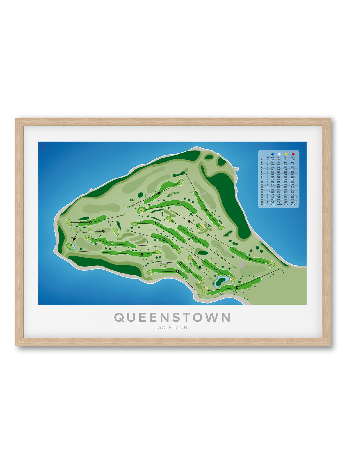 Oak Framed Minimalist fine art map of Queenstown Golf Course, Otago, New Zealand