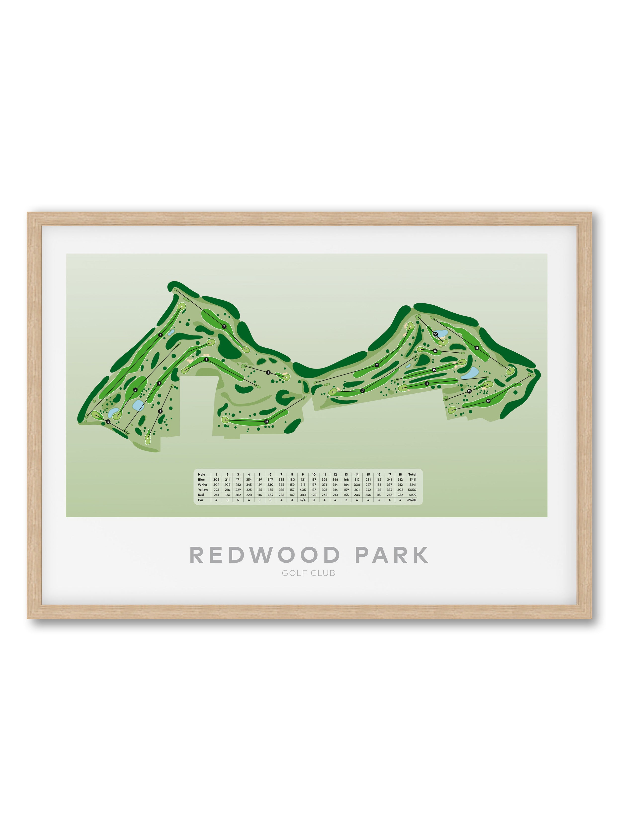Oak framed golf course map print for Redwood Park Golf Club