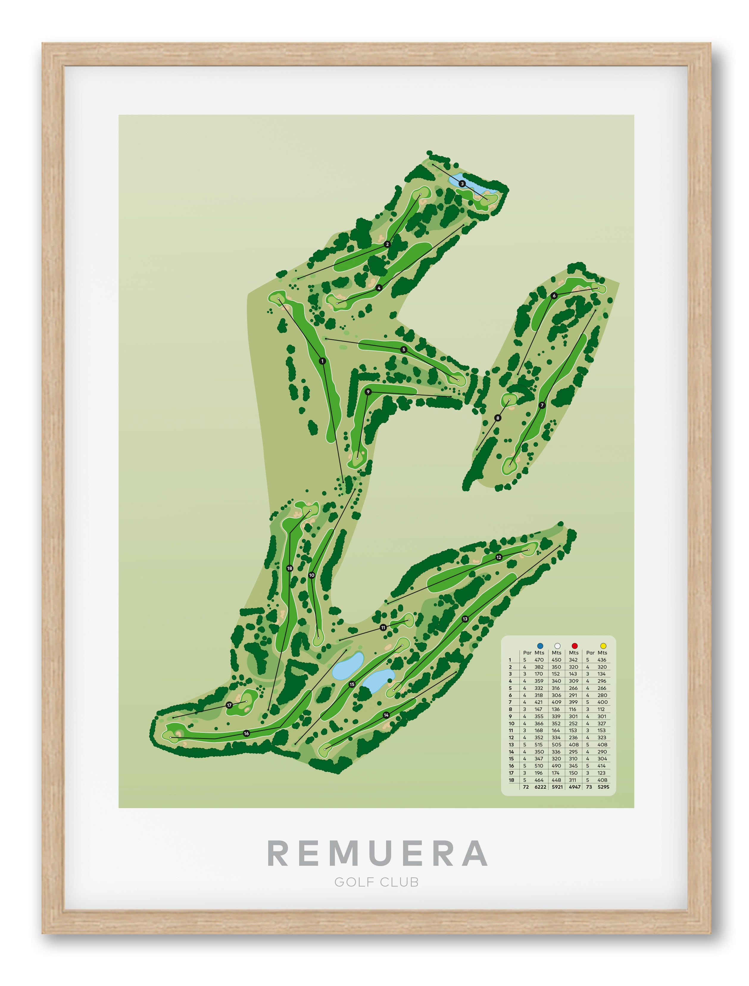 Oak framed Minimalist fine art map of Remuera Golf Course, Auckland, New Zealand